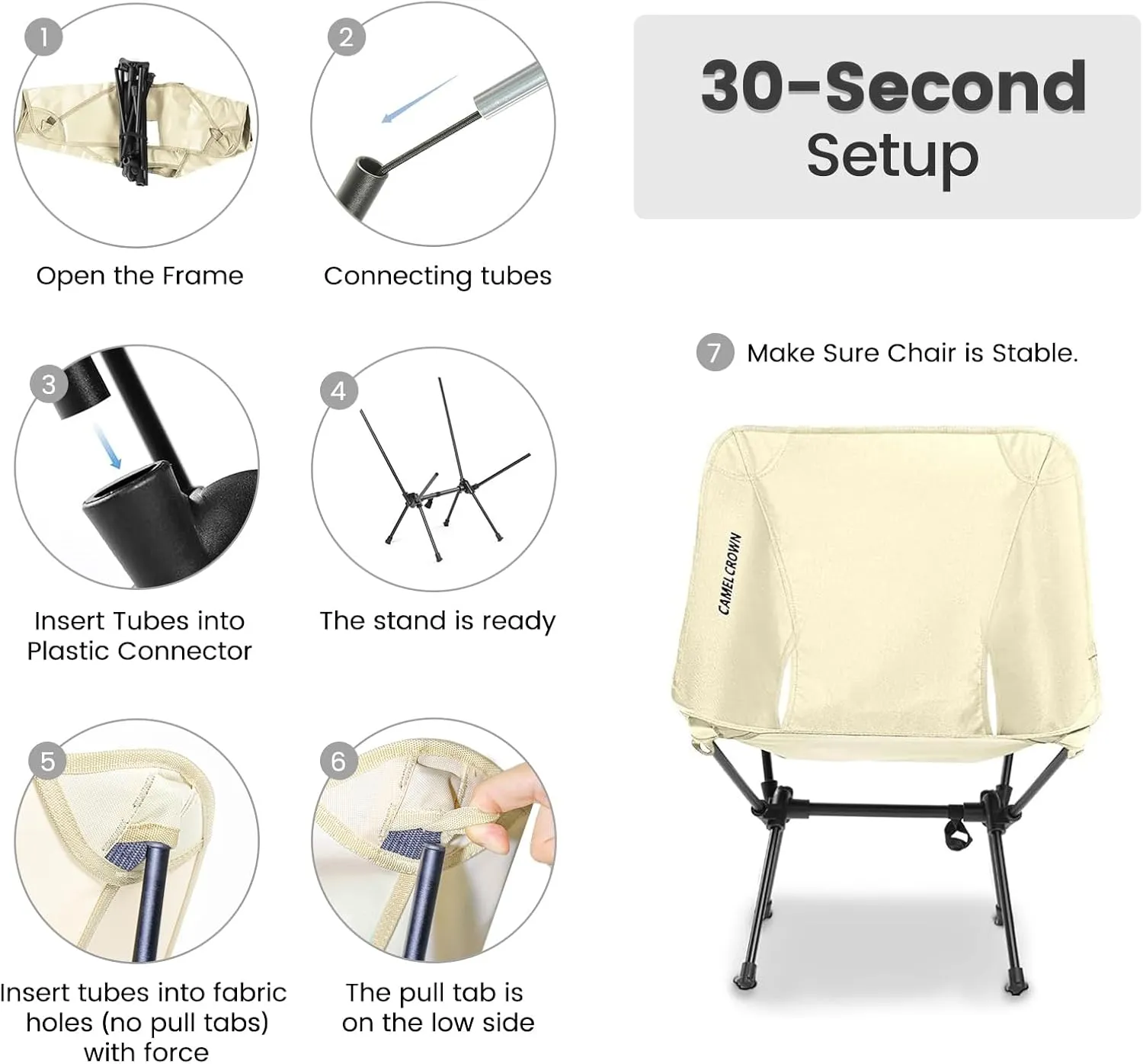 CAMEL CROWN Portable Camping Chair Folding Compact Lawn Lightweight Backpacking Chair with Carry Bag for Outdoor Hiking Beach Travel Picnic Festival White