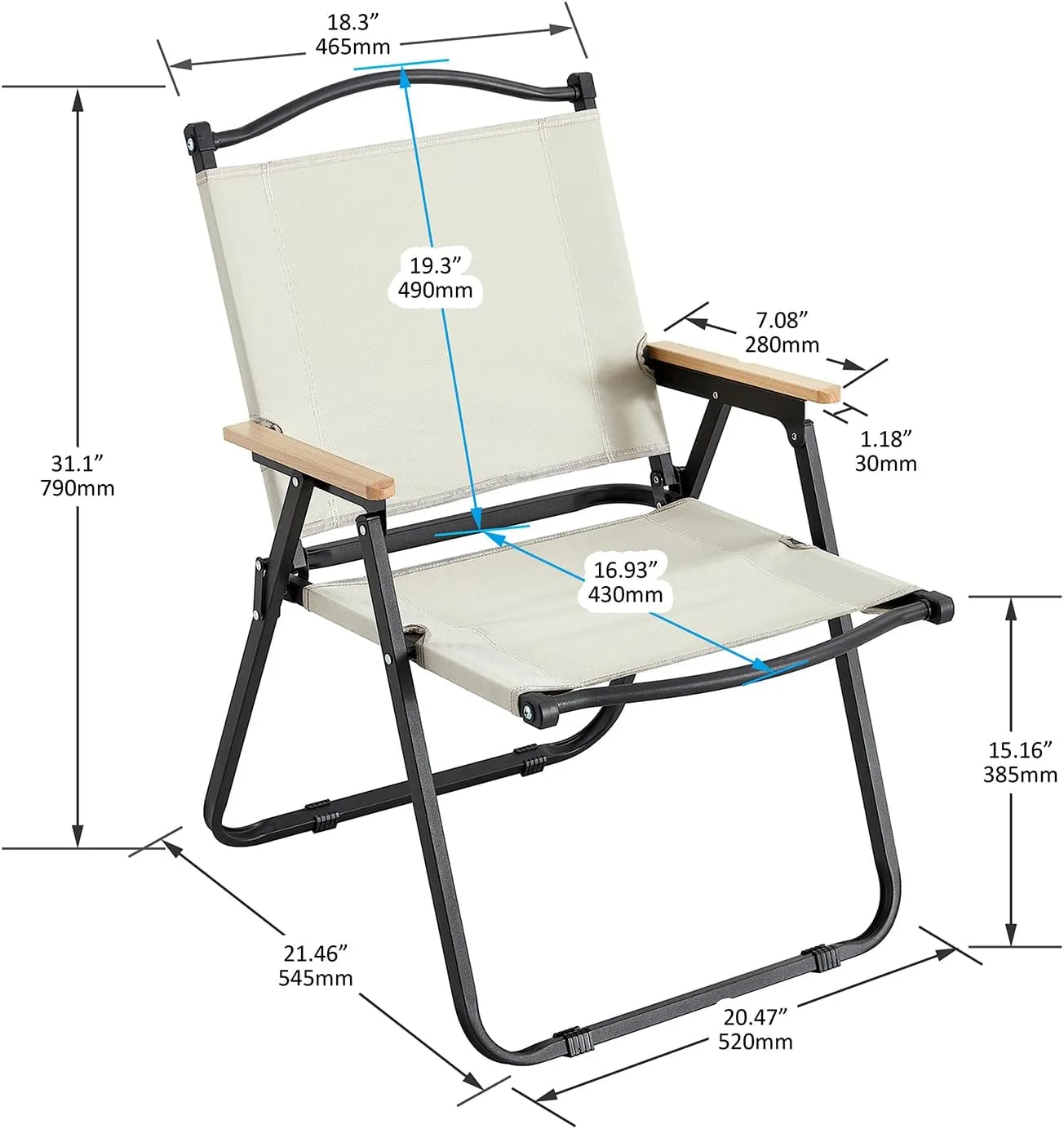 Camping Chair with Hard Wood Armrest, Sturdy Folding Camp Chair with High Backrest, Support to 280 lbs Hunting Chairs Fishing Chair Camping Chairs for Adults, 1 Pack (Beige)