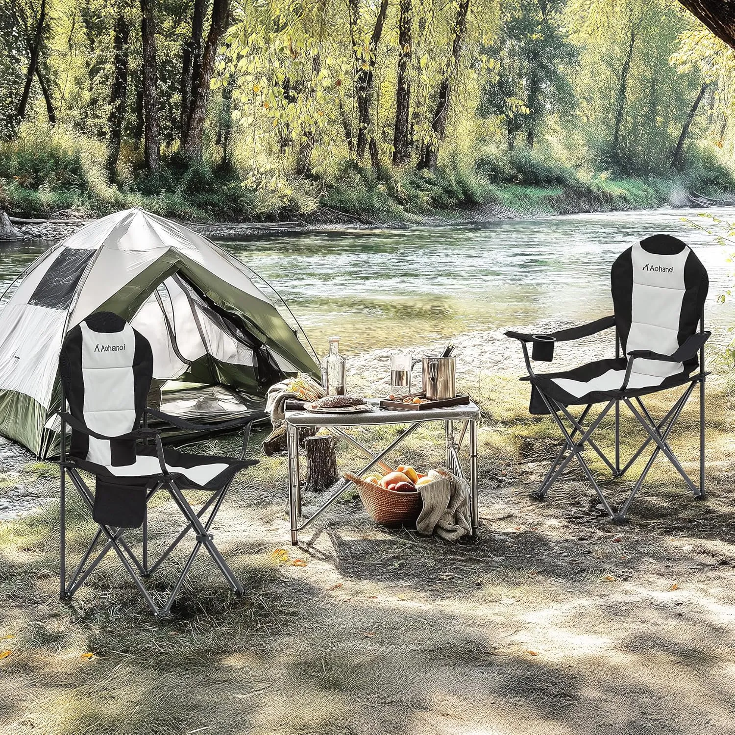 Camping Chairs for Heavy People, Folding Chairs for Outside Outdoor Folding Chairs with Cup Holder & Cooler Bag, Camp Chairs Supports up to 400lbs(2 PC, Black White)