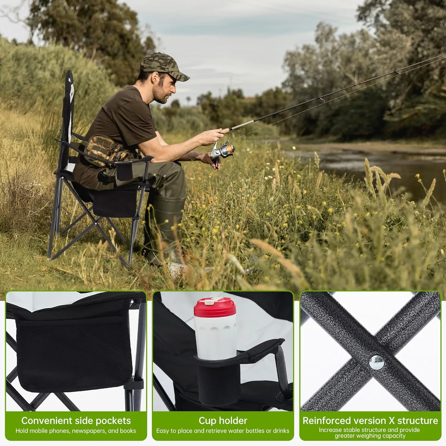 Camping Chairs for Heavy People, Folding Chairs for Outside Outdoor Folding Chairs with Cup Holder & Cooler Bag, Camp Chairs Supports up to 400lbs(2 PC, Black White)