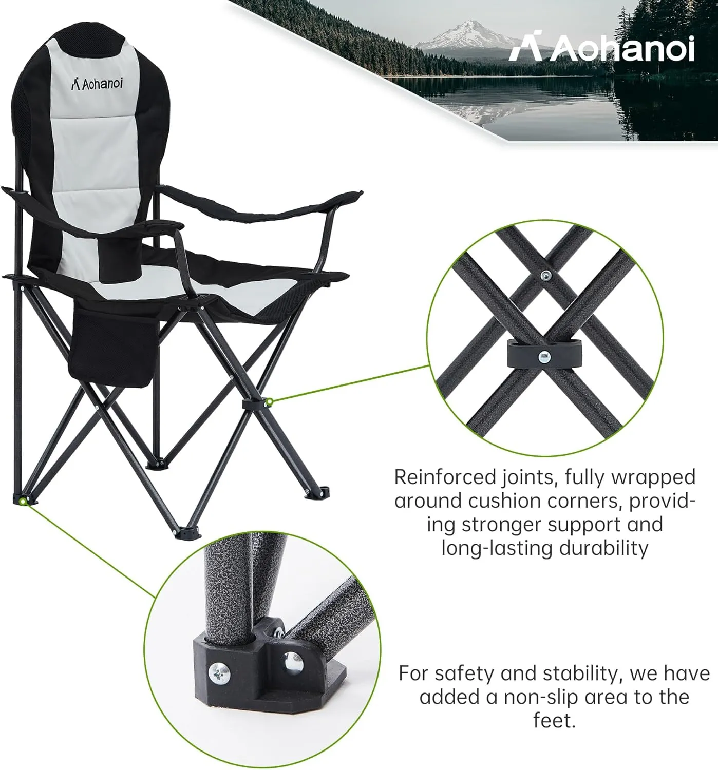 Camping Chairs for Heavy People, Folding Chairs for Outside Outdoor Folding Chairs with Cup Holder & Cooler Bag, Camp Chairs Supports up to 400lbs(2 PC, Black White)