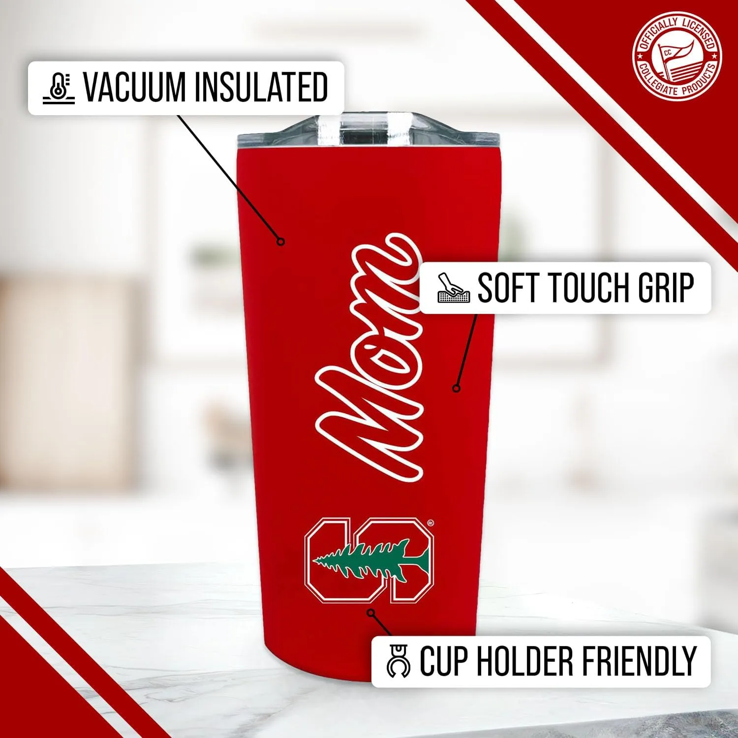 Campus Colors NCAA Stainless Steel Travel Tumbler for Mom - 18 oz - Double Walled Insulated Drinkware (Stanford Cardinal - Cardinal)