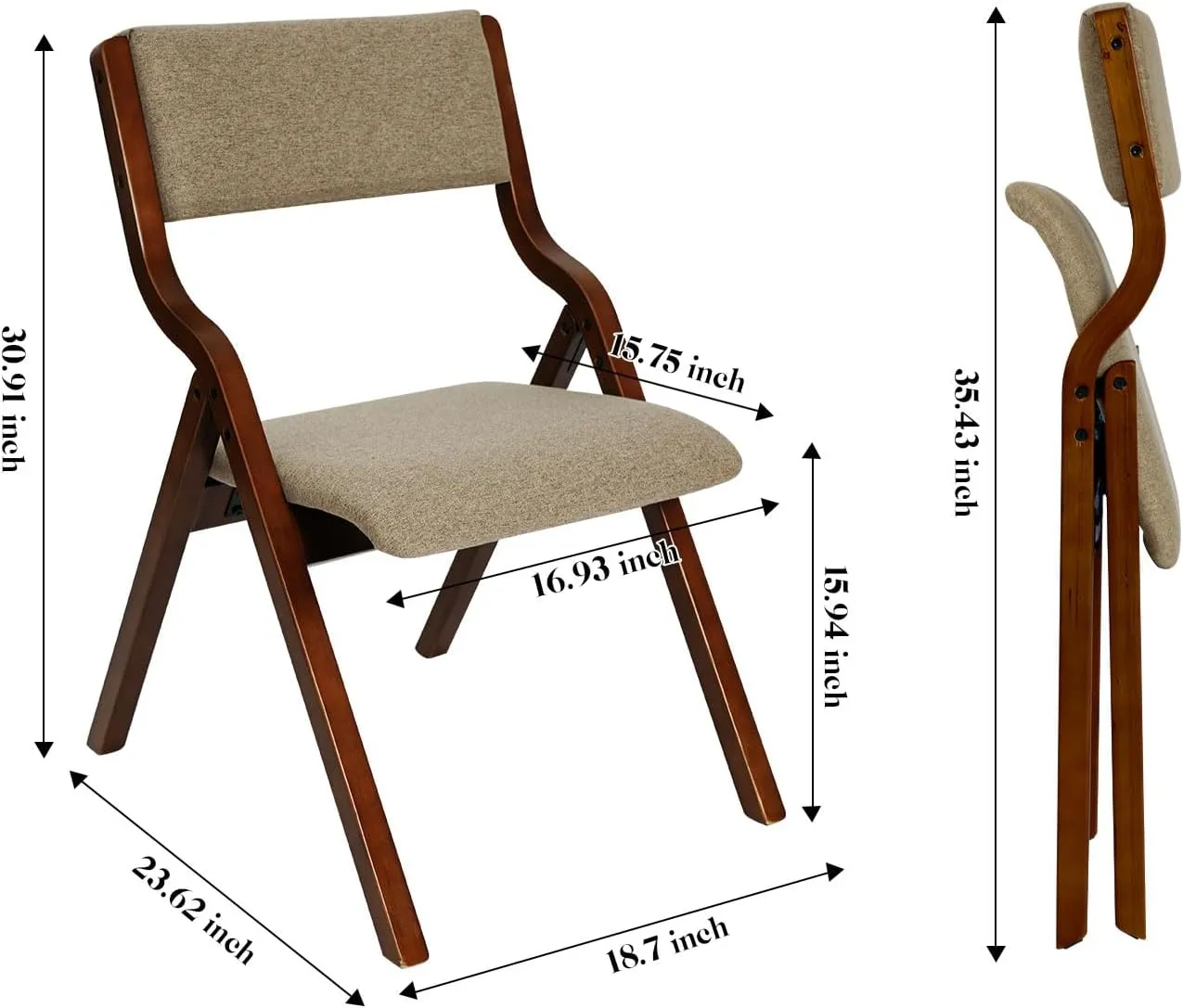 CangLong Padded Foldable Chairs Set of 2 with Solid Wood Frame, Stackable and Assembled Fabric Chair for Guests Kitchen Office Wedding and Party, Walnut Light Coffee