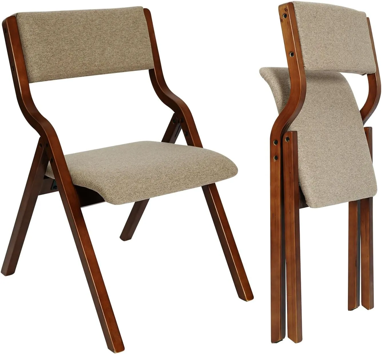 CangLong Padded Foldable Chairs Set of 2 with Solid Wood Frame, Stackable and Assembled Fabric Chair for Guests Kitchen Office Wedding and Party, Walnut Light Coffee