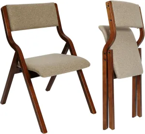 CangLong Padded Foldable Chairs Set of 2 with Solid Wood Frame, Stackable and Assembled Fabric Chair for Guests Kitchen Office Wedding and Party, Walnut Light Coffee