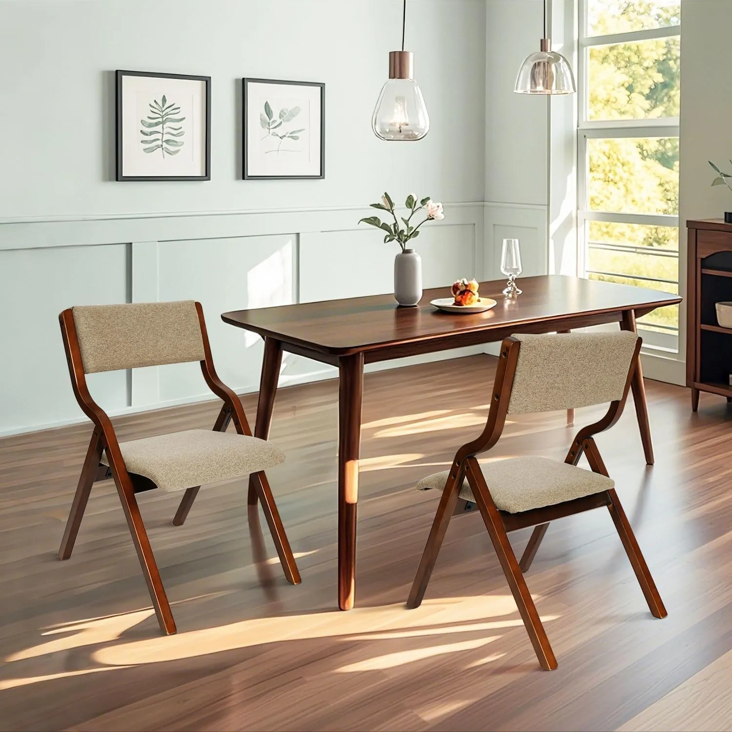 CangLong Padded Foldable Chairs Set of 2 with Solid Wood Frame, Stackable and Assembled Fabric Chair for Guests Kitchen Office Wedding and Party, Walnut Light Coffee