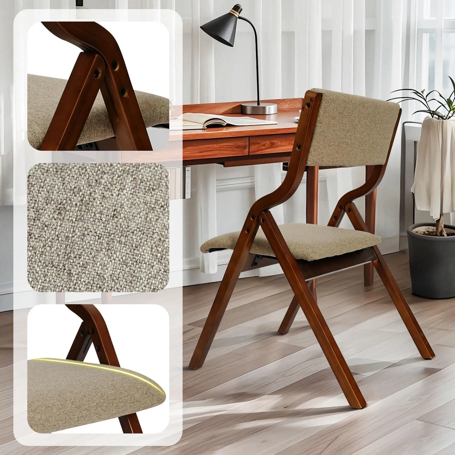 CangLong Padded Foldable Chairs Set of 2 with Solid Wood Frame, Stackable and Assembled Fabric Chair for Guests Kitchen Office Wedding and Party, Walnut Light Coffee