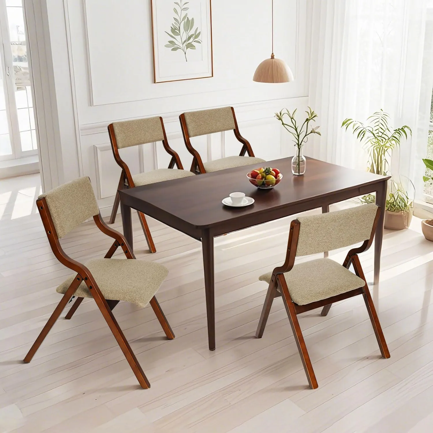 CangLong Padded Foldable Chairs Set of 2 with Solid Wood Frame, Stackable and Assembled Fabric Chair for Guests Kitchen Office Wedding and Party, Walnut Light Coffee