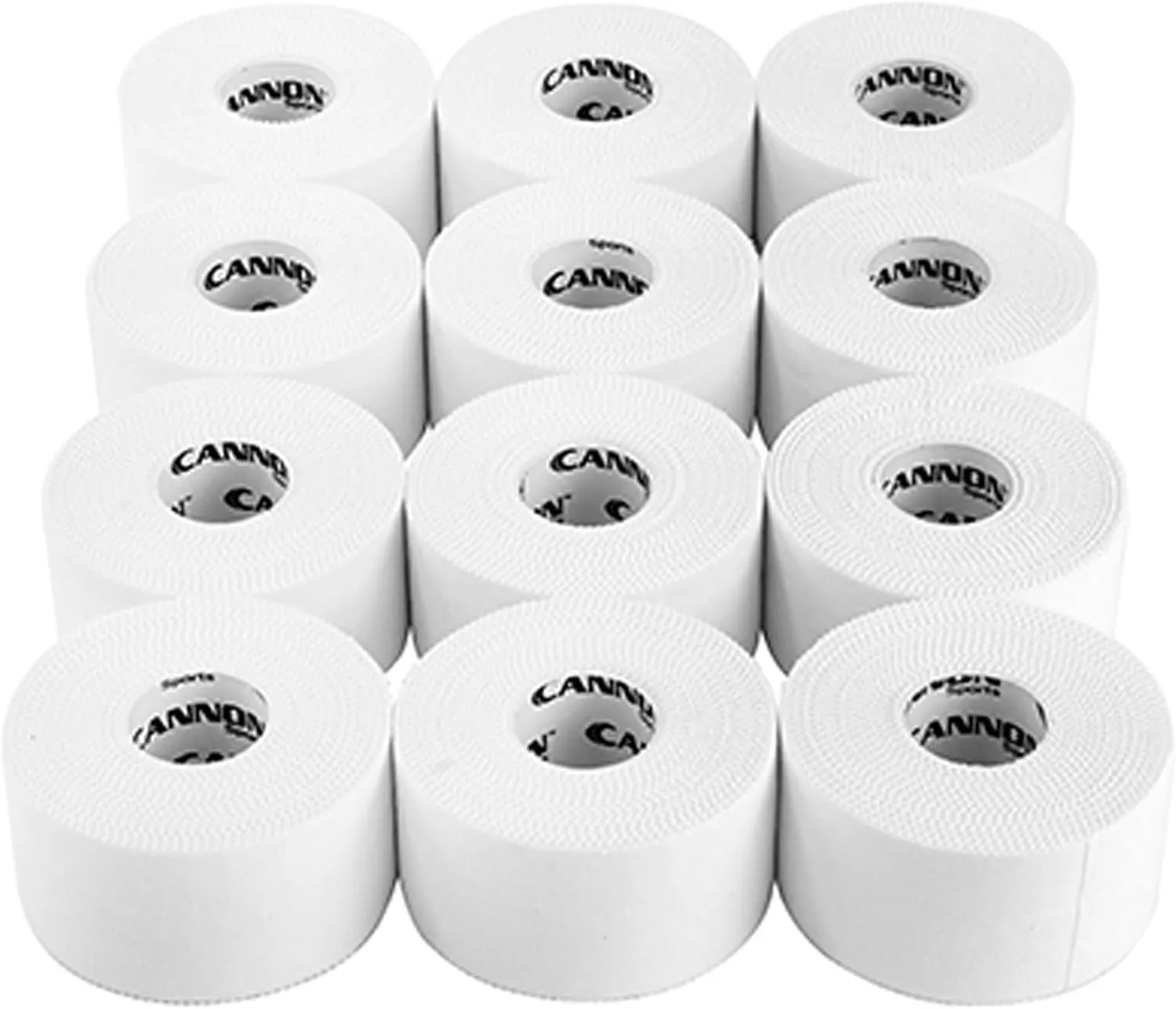 Cannon Sports Premium Athletic Tape - 1.5” x 45 Feet Per Roll - Easy Tear, No Sticky Residue, Very Strong, Hypoallergenic and Latex Free Sports Tape for Athletes and Trainers – Bulk 12 Pack (White)