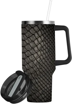 Car Tumbler with Handle Fancy Snakeskin Luxury Dark Travel Mug Coffee Cup Insulated Beverage Container Mega Cup for Hot Cold Drinking Thermos Water Bottle Cupholder Friendly 40 oz