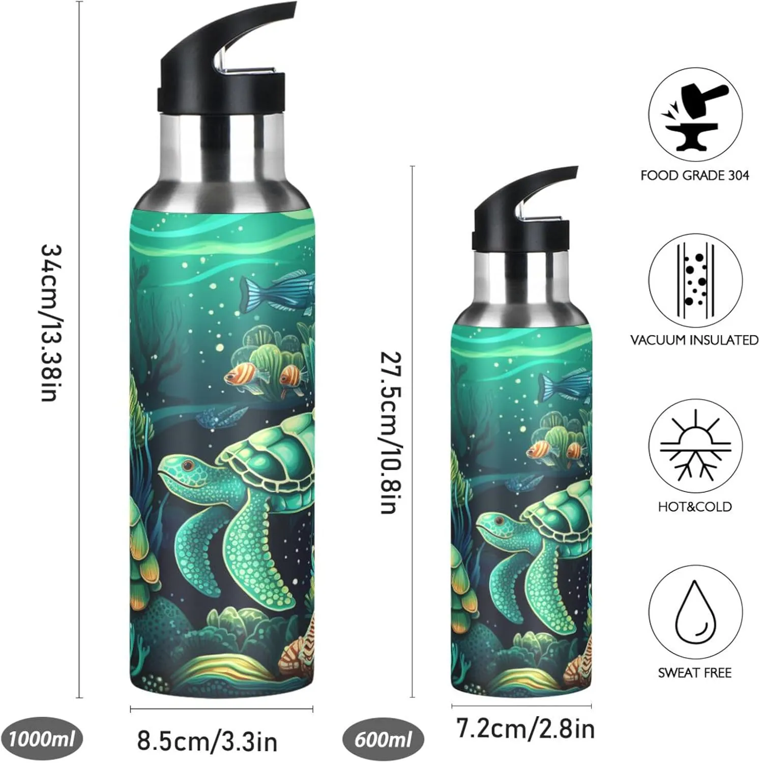 Cartoon Sea Animal Art Sport Water Bottle Insulated Stainless Steel Large Vacuum Flask Leak Proof Thermos with Straw for Travel(600ml/1000ml)