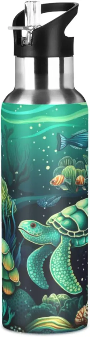 Cartoon Sea Animal Art Sport Water Bottle Insulated Stainless Steel Large Vacuum Flask Leak Proof Thermos with Straw for Travel(600ml/1000ml)