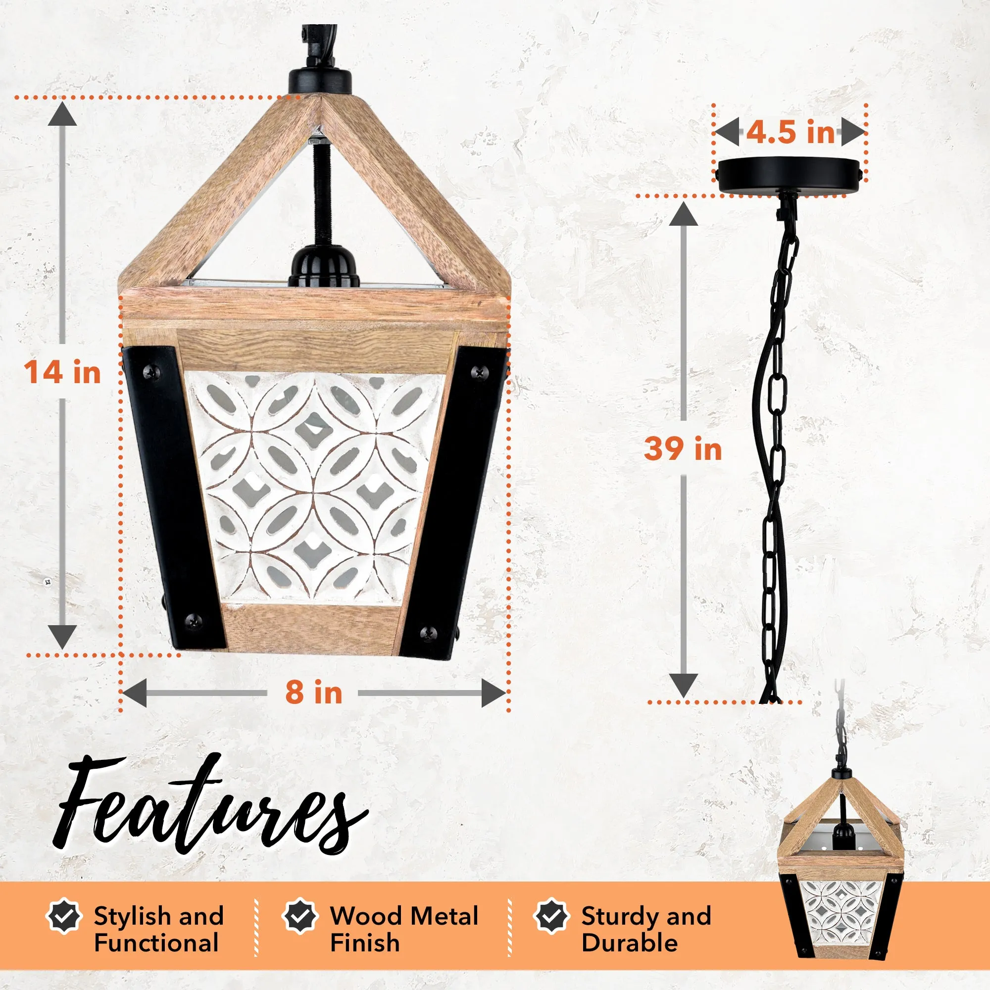 Carved Wood Hanging Wooden Lantern Pendant (Small)