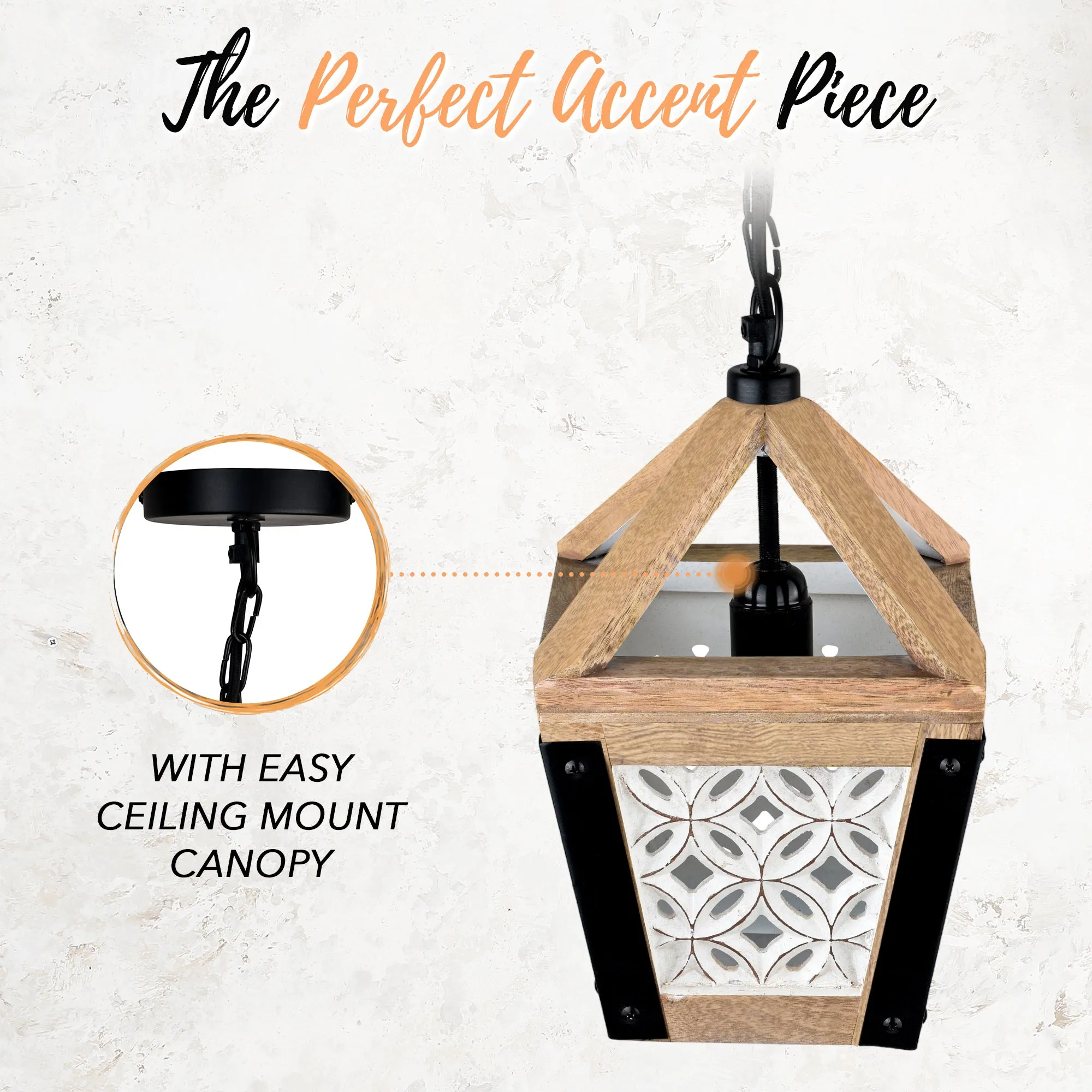 Carved Wood Hanging Wooden Lantern Pendant (Small)