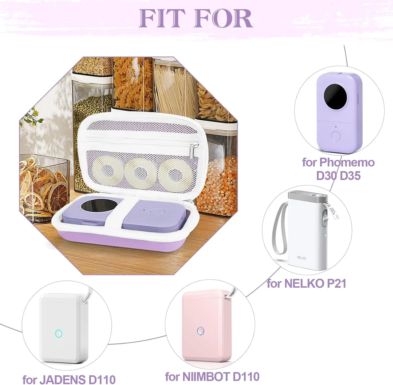 Case Compatible with Phomemo D30 D35, for NELKO P21, for NIIMBOT D110, for JADENS D110 Label Maker with 3 Roll Label Tape(Label Paper 1/2" x 1 1/2" (12mm X 40mm))-Hard Shell Storage Bag-Purple