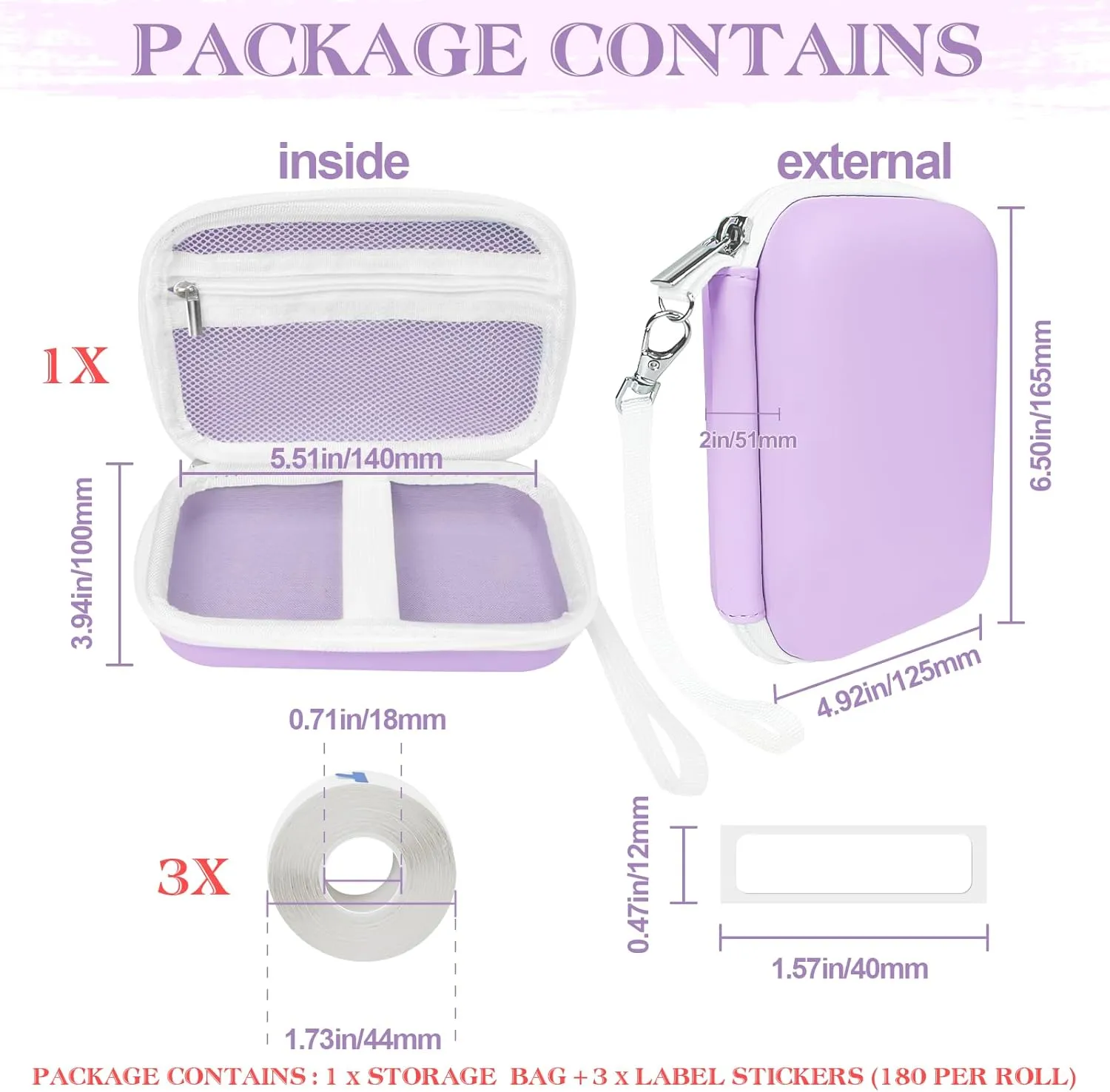 Case Compatible with Phomemo D30 D35, for NELKO P21, for NIIMBOT D110, for JADENS D110 Label Maker with 3 Roll Label Tape(Label Paper 1/2" x 1 1/2" (12mm X 40mm))-Hard Shell Storage Bag-Purple