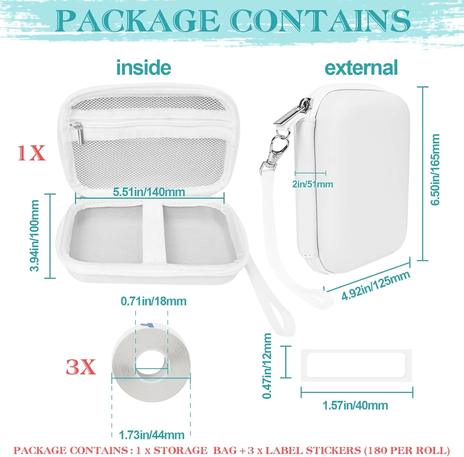 Case Compatible with Phomemo D30 D35, for NELKO P21, for NIIMBOT D110, for JADENS D110 Label Maker with 3 Roll Label Tape(Label Paper 1/2" x 1 1/2" (12mm X 40mm))-Hard Shell Storage Bag-White