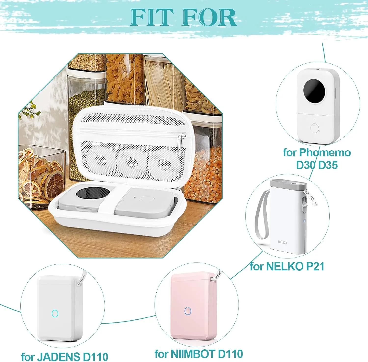 Case Compatible with Phomemo D30 D35, for NELKO P21, for NIIMBOT D110, for JADENS D110 Label Maker with 3 Roll Label Tape(Label Paper 1/2" x 1 1/2" (12mm X 40mm))-Hard Shell Storage Bag-White