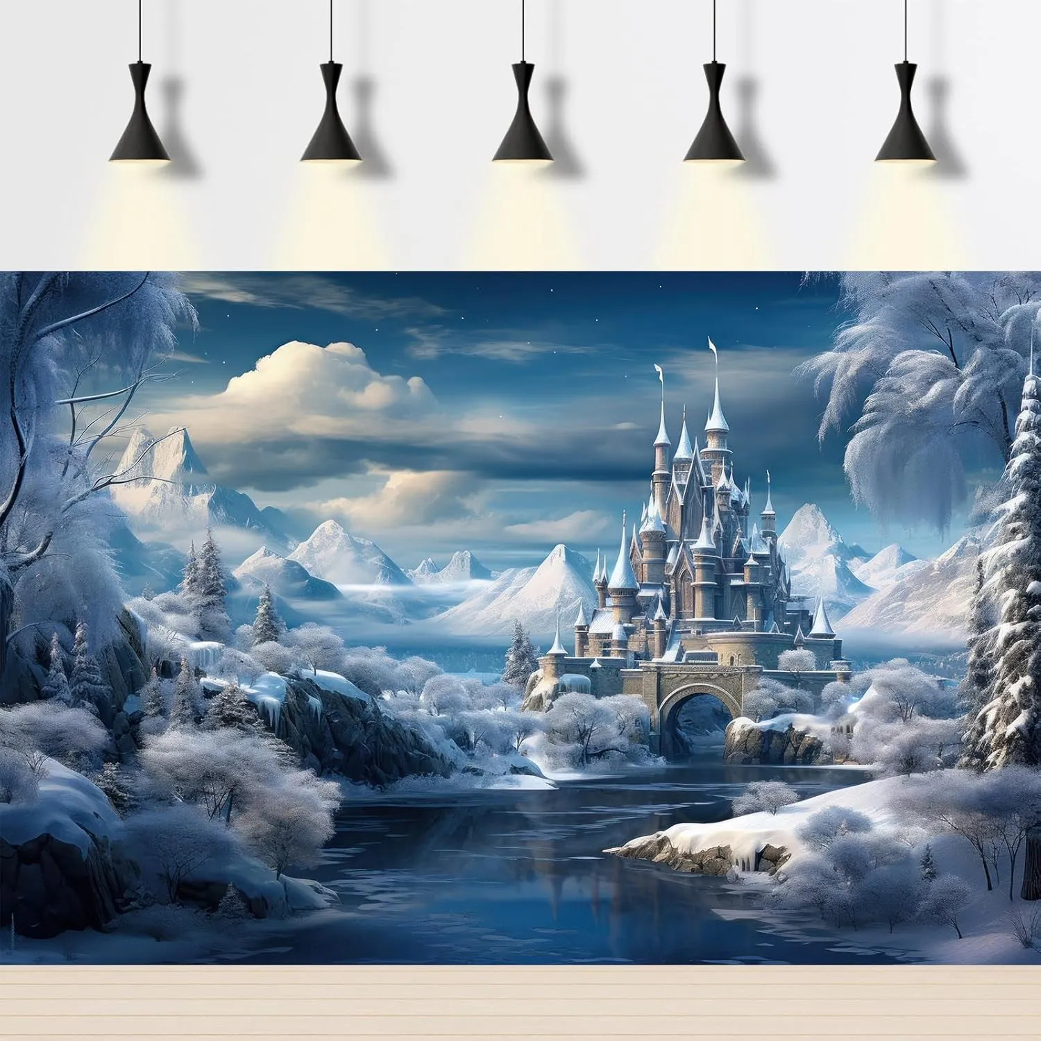 Castle Backdrop Winter Wonderland Ice Castle Photography Background Tranquil River Mountain Snowy World Background Winter Snow Landscape for Princess Baby Shower Kids Birthday Party 15x8ft