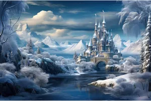 Castle Backdrop Winter Wonderland Ice Castle Photography Background Tranquil River Mountain Snowy World Background Winter Snow Landscape for Princess Baby Shower Kids Birthday Party 15x8ft