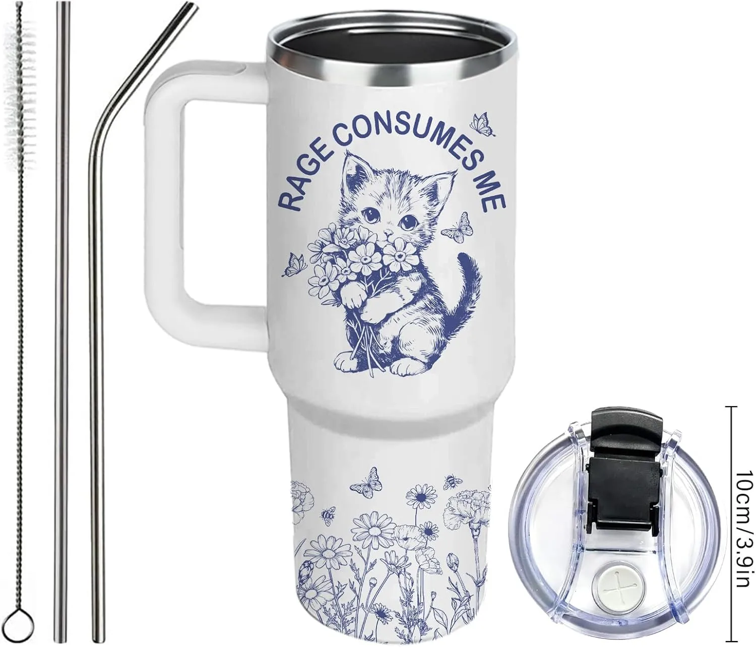 Cat Tumbler With Lid and Straw, Gifts for Cats Lovers, Cat Rage Consumes Me Coffee Cup, Kitten Lovers Gifts for Women Girls Kids Adults 40oz