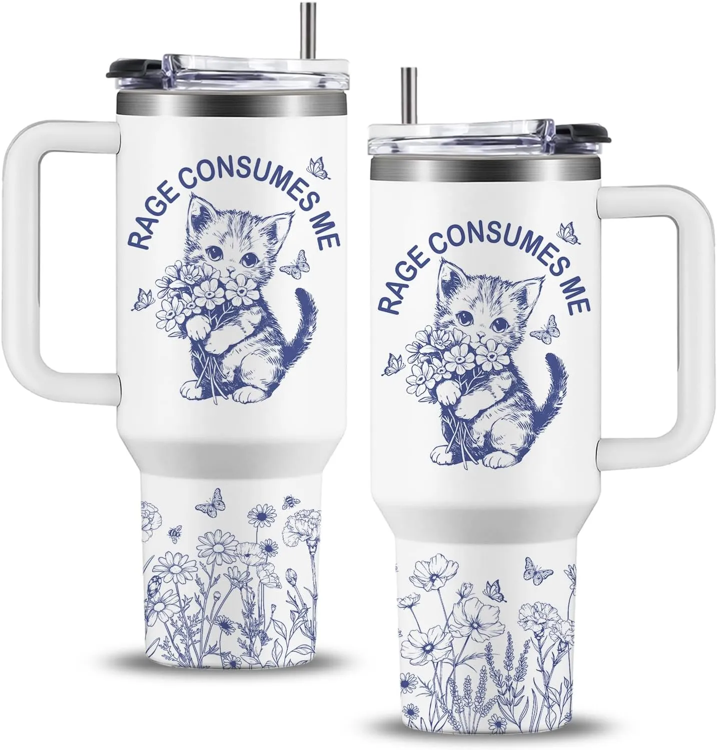 Cat Tumbler With Lid and Straw, Gifts for Cats Lovers, Cat Rage Consumes Me Coffee Cup, Kitten Lovers Gifts for Women Girls Kids Adults 40oz
