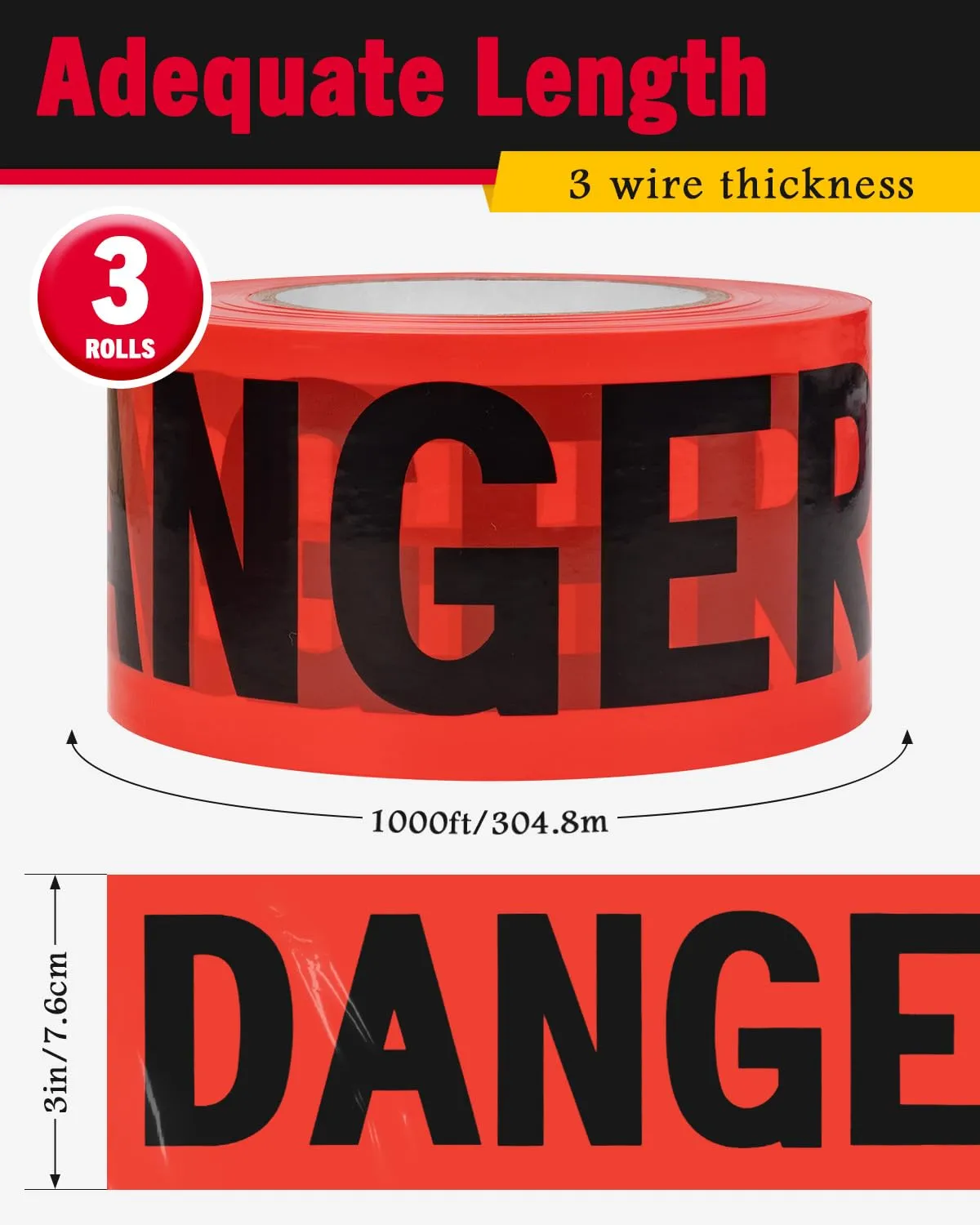 Caution Tape 3 Pack 3 in x 1000 Ft Caution Tape Roll Red, Tear Resistant Danger Tapes Bulk for Halloween Party Decorations, Safety, Warning, Hazardous Area,Work-Site (Red & Black)