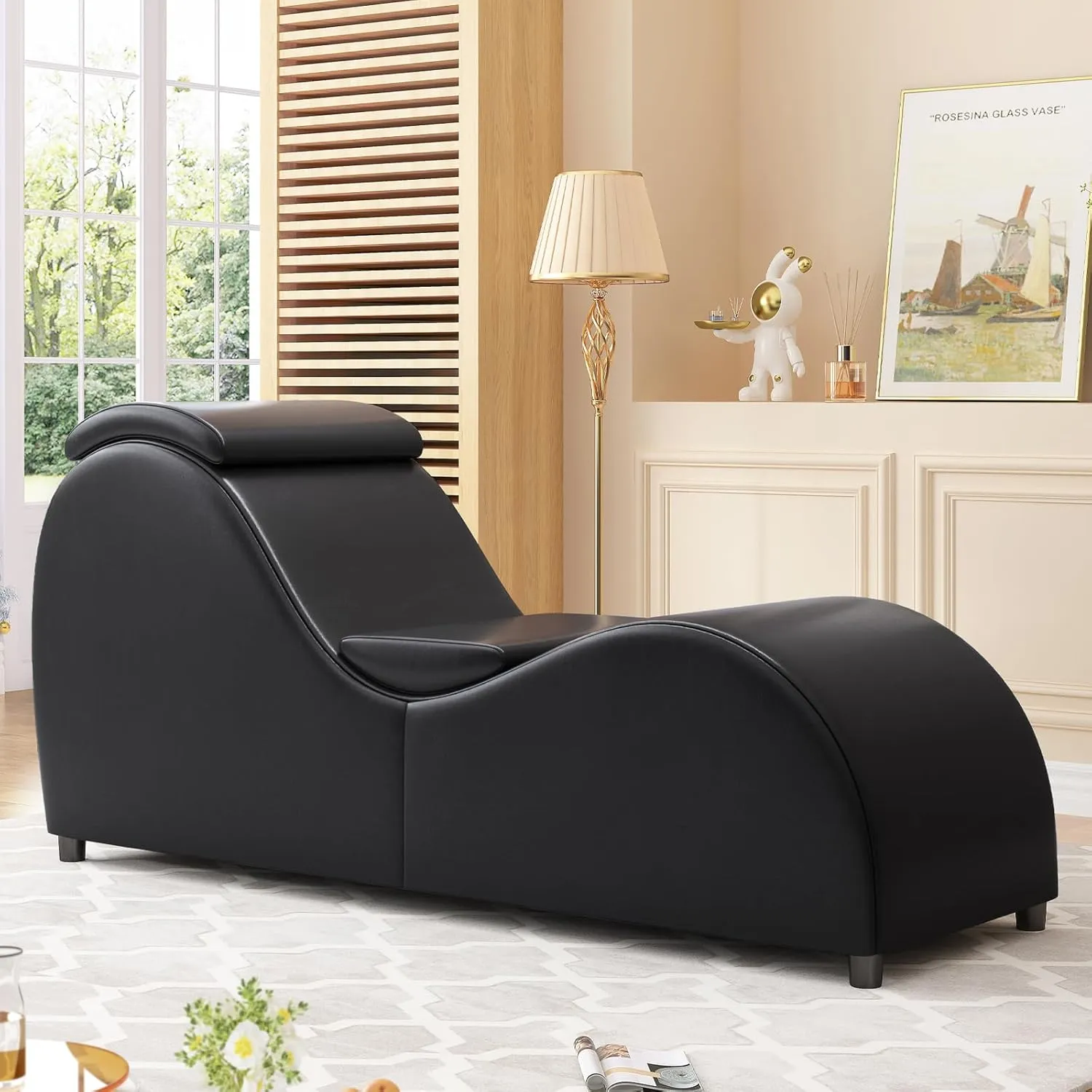 CECER Curved Chaise Lounge Chair for Yoga,Modern Faux Leather Yoga Chair for Stretching, Relaxing, Exercising, Chaise Lounge Indoor for Indoor Living Room,Bedroom（Bright Black）
