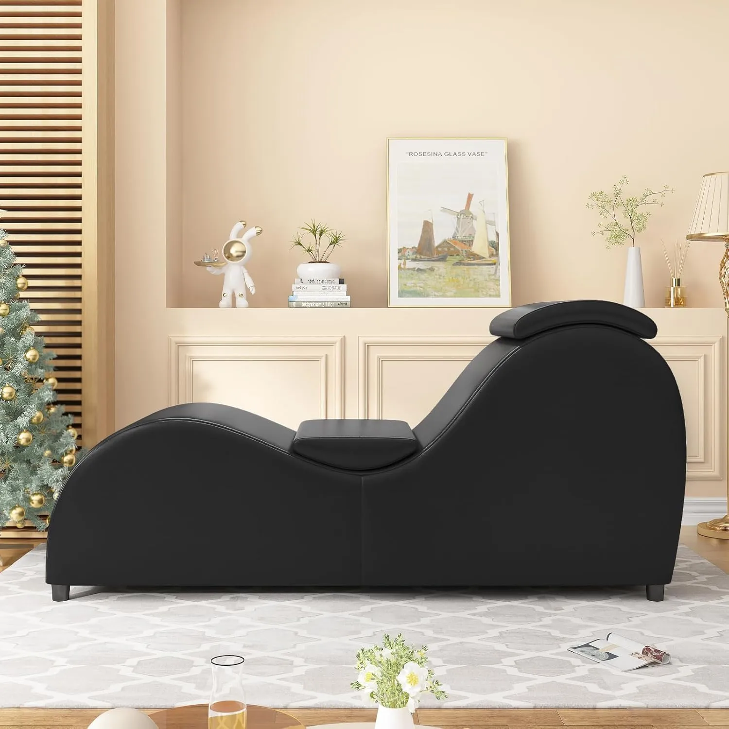 CECER Curved Chaise Lounge Chair for Yoga,Modern Faux Leather Yoga Chair for Stretching, Relaxing, Exercising, Chaise Lounge Indoor for Indoor Living Room,Bedroom（Bright Black）