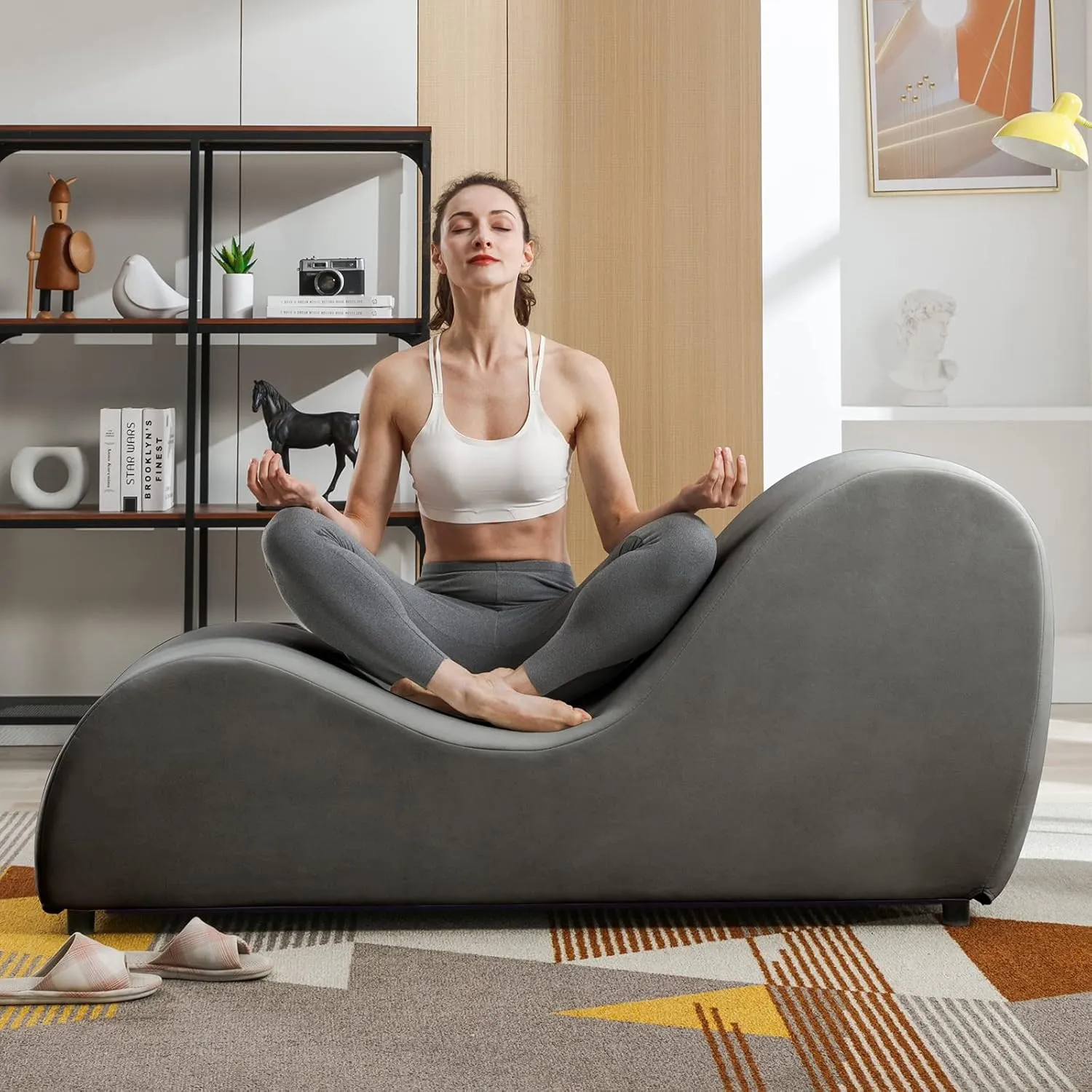 CECER Yoga Chair,Curved Chaise Lounge for Stretching Relaxing Exercising,Modern Lounge with Thicker Chair Legs,Velvet Fabric for Indoor Living Room-Dark Grey