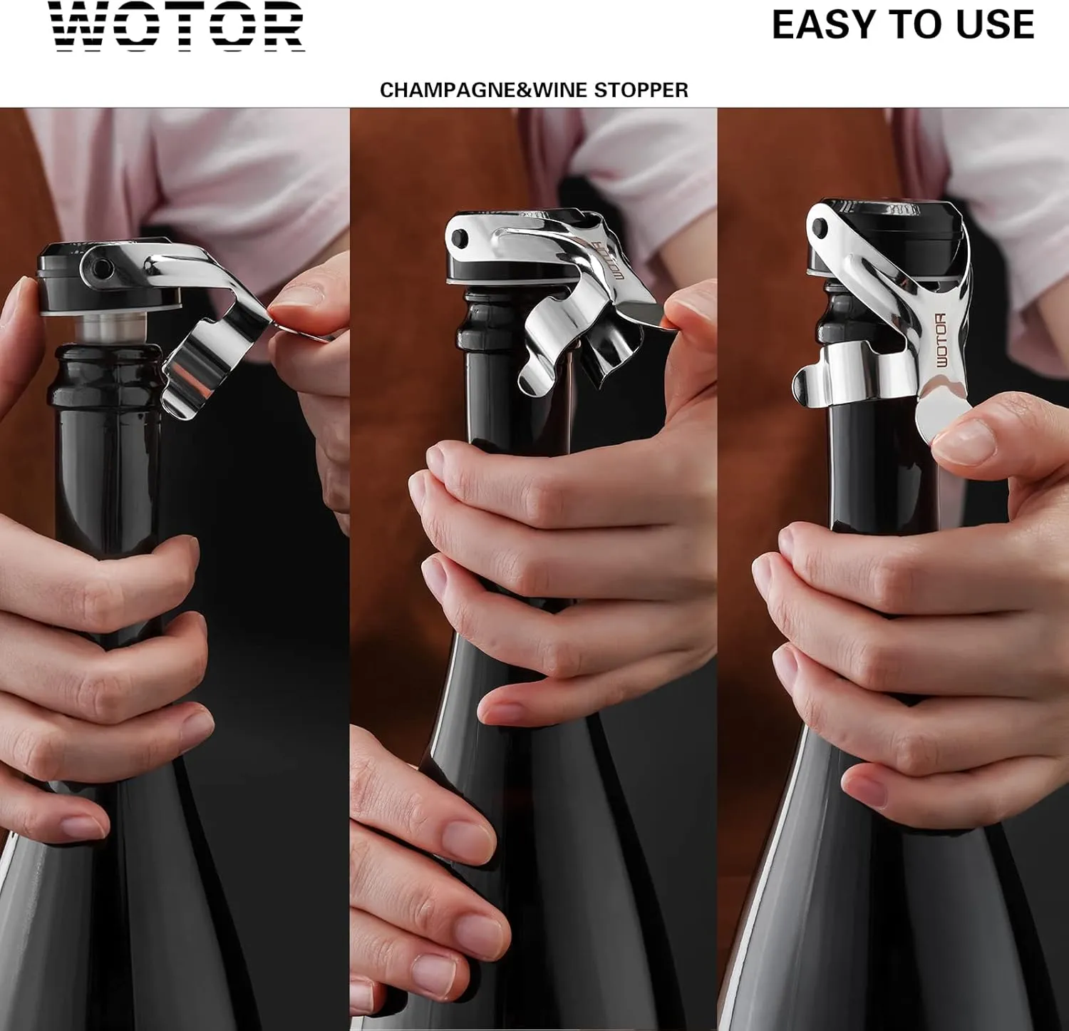 Champagne&Wine Bottle Stoppers Stainless Steel with Food Grade Silicone, Leak Proof Keep Fresh Reusable Saver, Cork Suitable for Wine, Champagne, Cava, Prosecco and Sparkling (6 Pack Silver）
