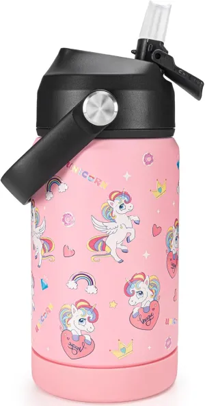 Charcy 12 oz Insulated Water Bottle With Straw, Sports Water Cup Flask with Wide Mouth, Leak Proof Travel Thermo Mug - Pink Unicorn Y