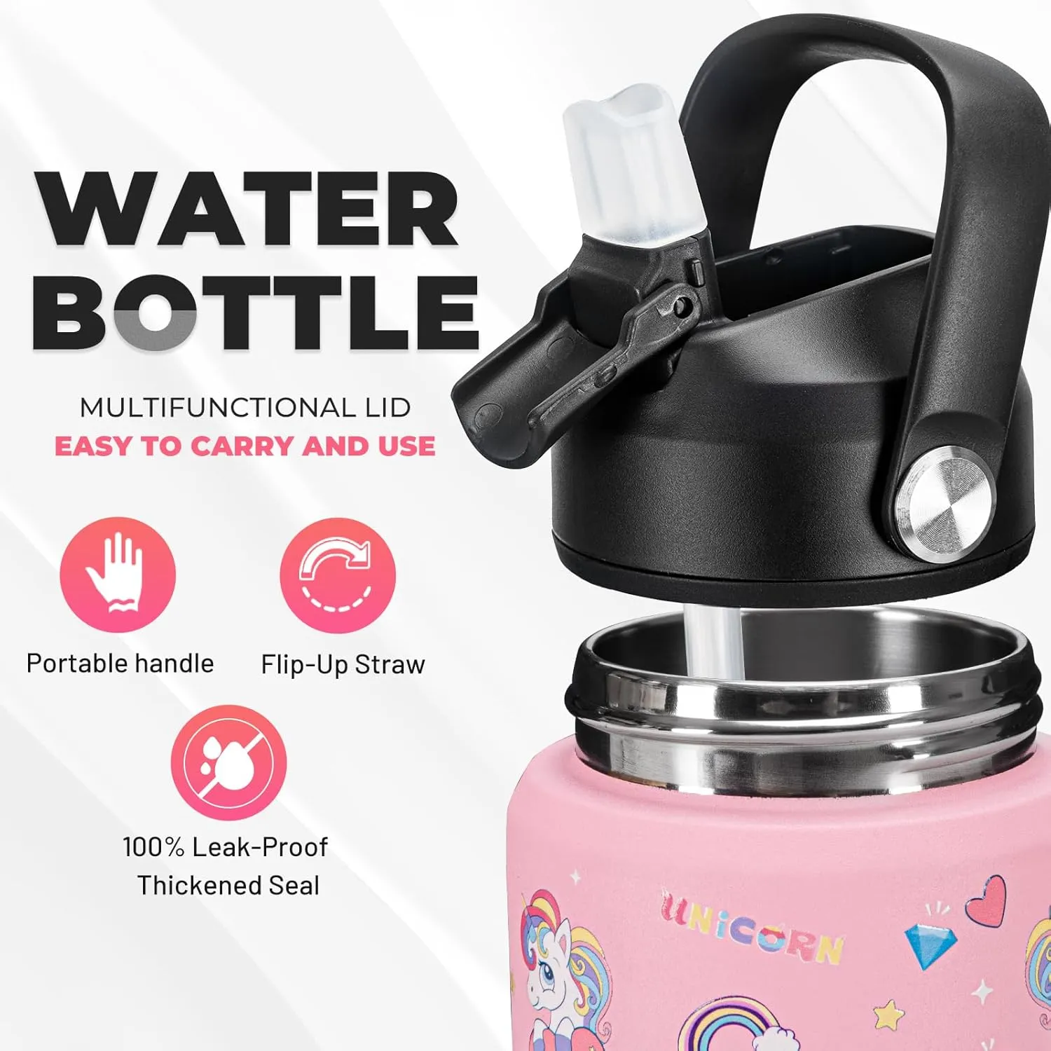 Charcy 12 oz Insulated Water Bottle With Straw, Sports Water Cup Flask with Wide Mouth, Leak Proof Travel Thermo Mug - Pink Unicorn Y
