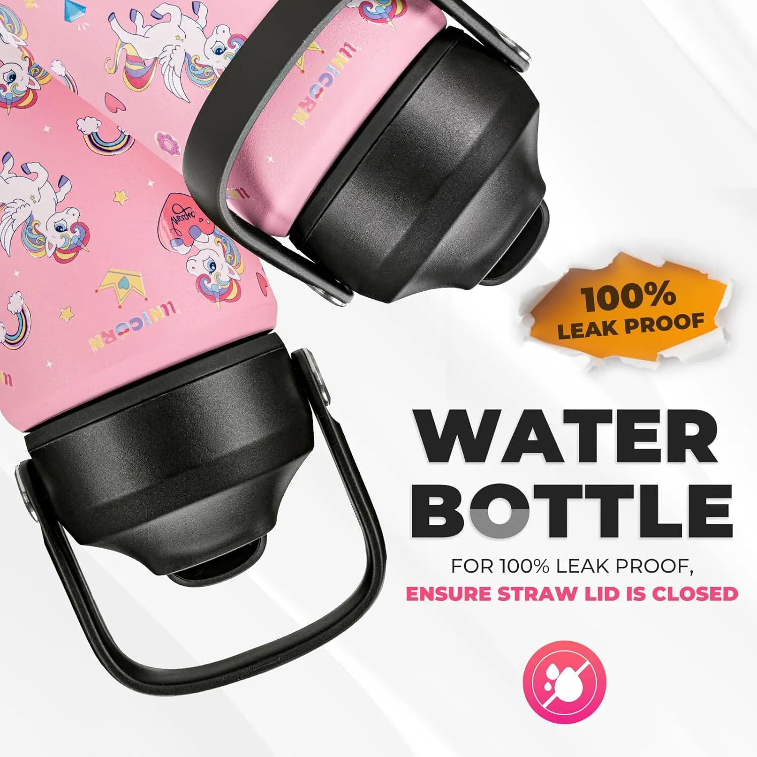 Charcy 12 oz Insulated Water Bottle With Straw, Sports Water Cup Flask with Wide Mouth, Leak Proof Travel Thermo Mug - Pink Unicorn Y