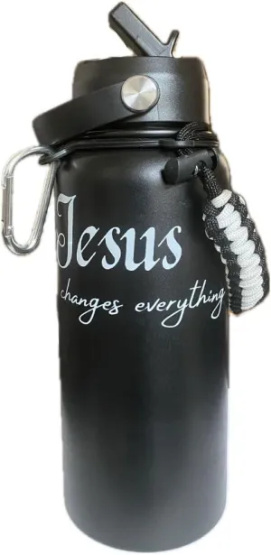 Christian Water Bottle with Straw & Handle, Leak-Proof, BPA-Free, Mother's Day Gift - 32 oz, Wide Mouth, 18/8 SS (Jesus Changes Everything)