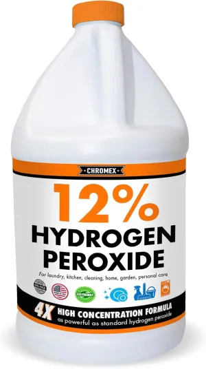 Chromex Hydrogen Peroxide 12 Percent Food Grade, 4X Power Concentrated Solution, Dilutes to 4 Gallons, Versatile Uses Include Topical Care, Home, Kitchen, Bath Cleaner, Laundry, Whitening, 1 Gallon