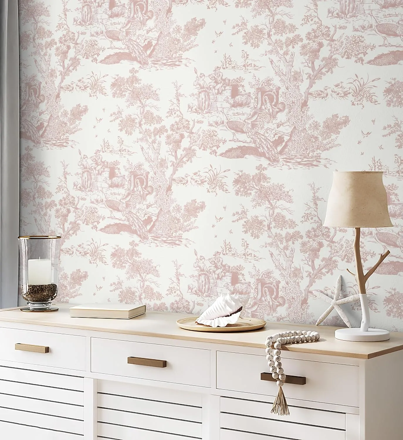 CiCiwind 16In×65.6Ft Vintage Peel and Stick Wallpaper Pink Toile Wallpaper White and Pink Contact Paper Self Adhesive Removable Wallpaper for Bedroom Bathroom Walls Covering