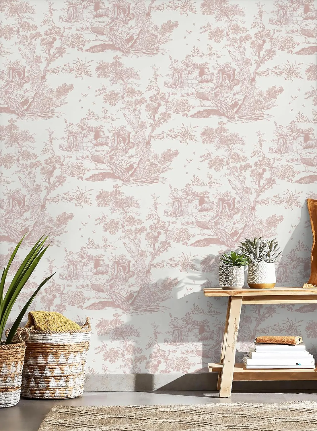 CiCiwind 16In×65.6Ft Vintage Peel and Stick Wallpaper Pink Toile Wallpaper White and Pink Contact Paper Self Adhesive Removable Wallpaper for Bedroom Bathroom Walls Covering