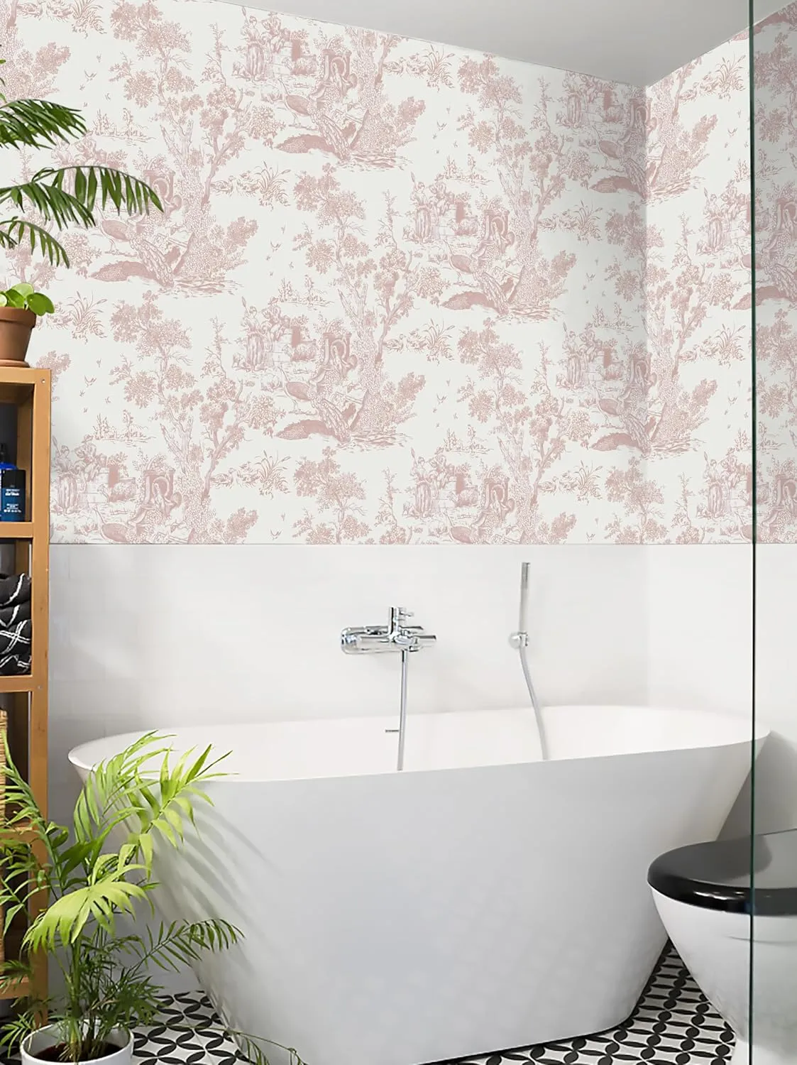 CiCiwind 16In×65.6Ft Vintage Peel and Stick Wallpaper Pink Toile Wallpaper White and Pink Contact Paper Self Adhesive Removable Wallpaper for Bedroom Bathroom Walls Covering