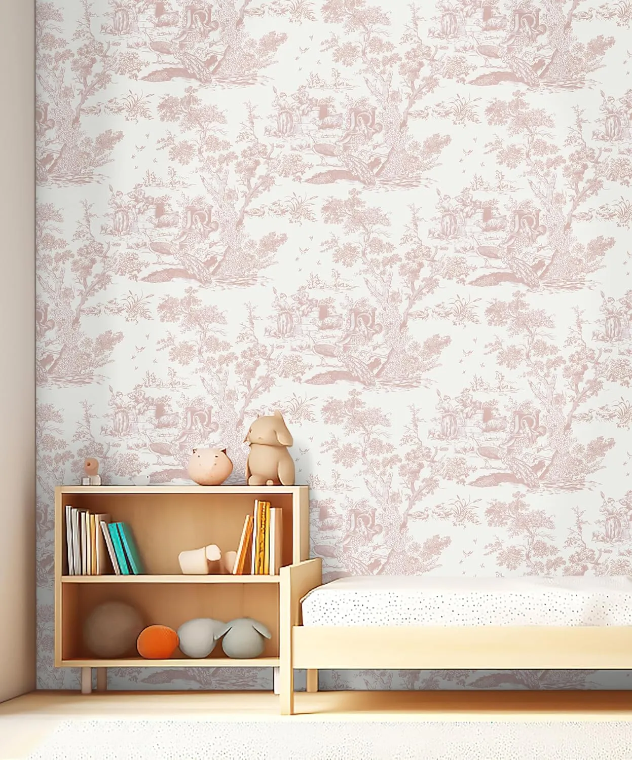 CiCiwind 16In×65.6Ft Vintage Peel and Stick Wallpaper Pink Toile Wallpaper White and Pink Contact Paper Self Adhesive Removable Wallpaper for Bedroom Bathroom Walls Covering