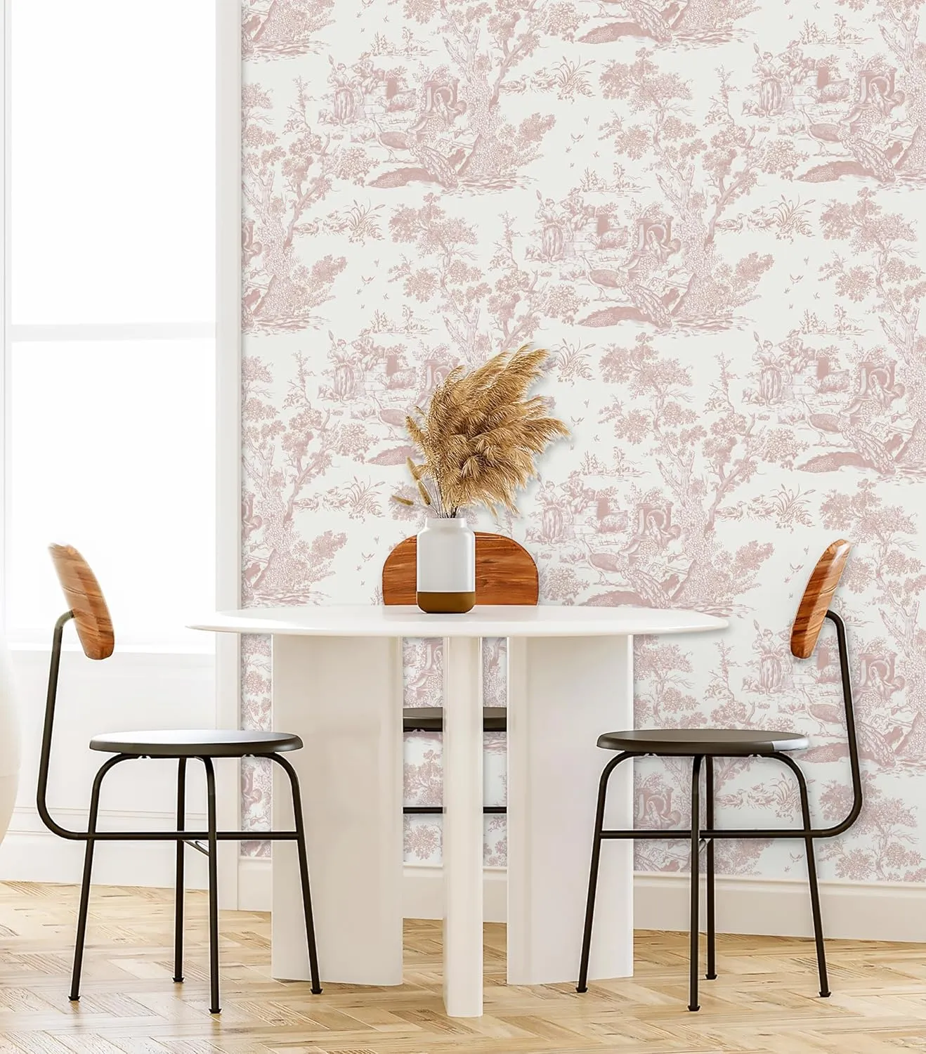 CiCiwind 16In×65.6Ft Vintage Peel and Stick Wallpaper Pink Toile Wallpaper White and Pink Contact Paper Self Adhesive Removable Wallpaper for Bedroom Bathroom Walls Covering