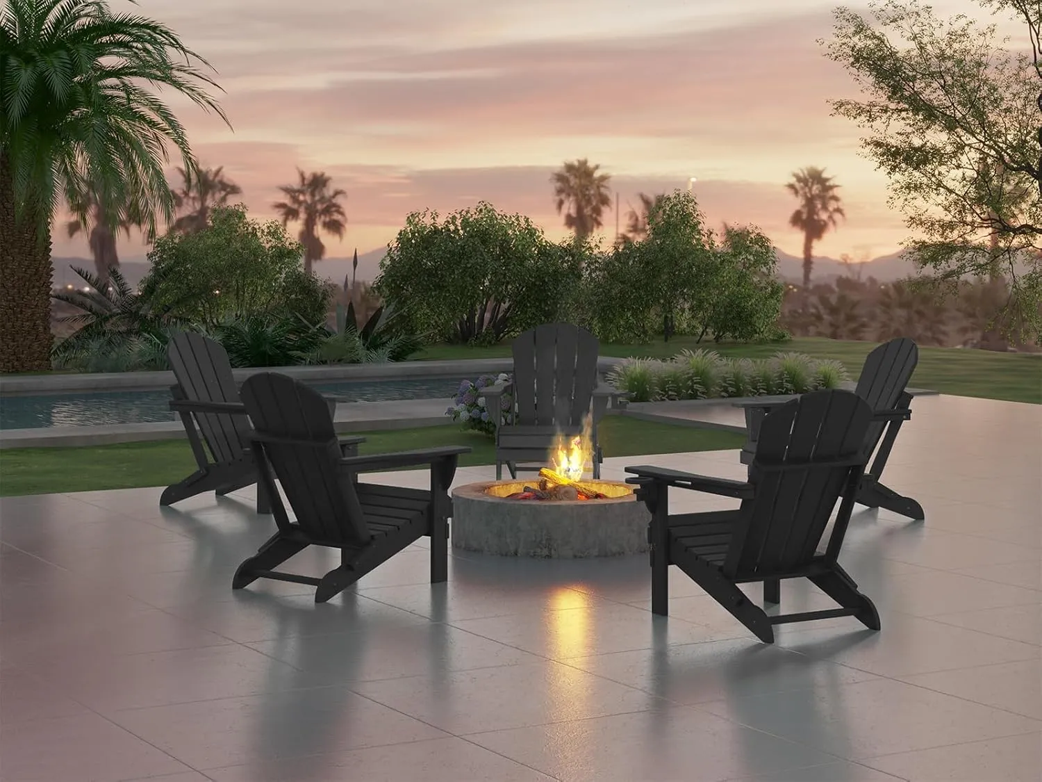 Ciokea Folding Adirondack Chair Wood Texture for Patio, Weather Resistant, Plastic Fire Pit Chair with Cup Holder, Lawn Chair for Outdoor Porch Garden Backyard Deck (Black)