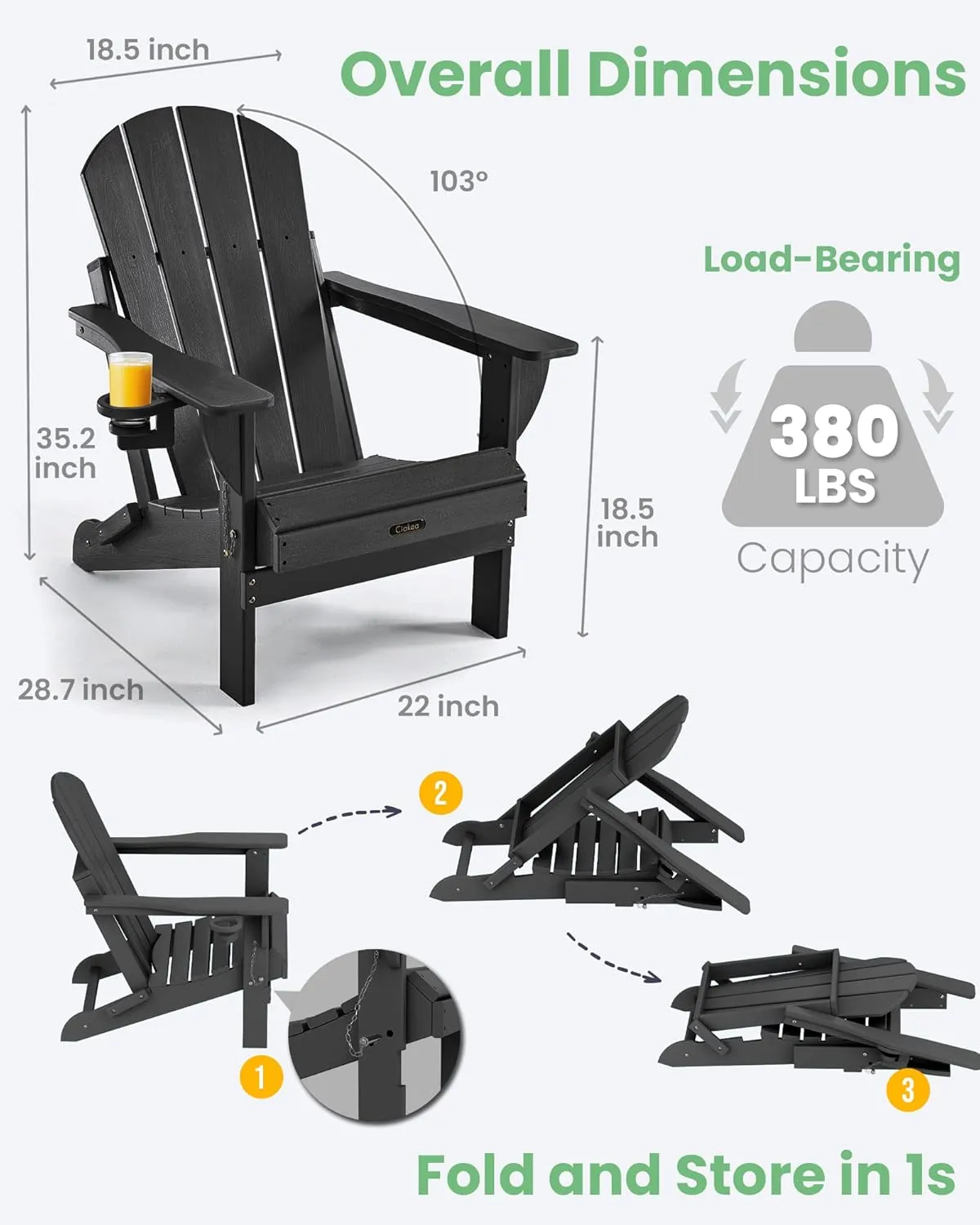 Ciokea Folding Adirondack Chair Wood Texture for Patio, Weather Resistant, Plastic Fire Pit Chair with Cup Holder, Lawn Chair for Outdoor Porch Garden Backyard Deck (Black)