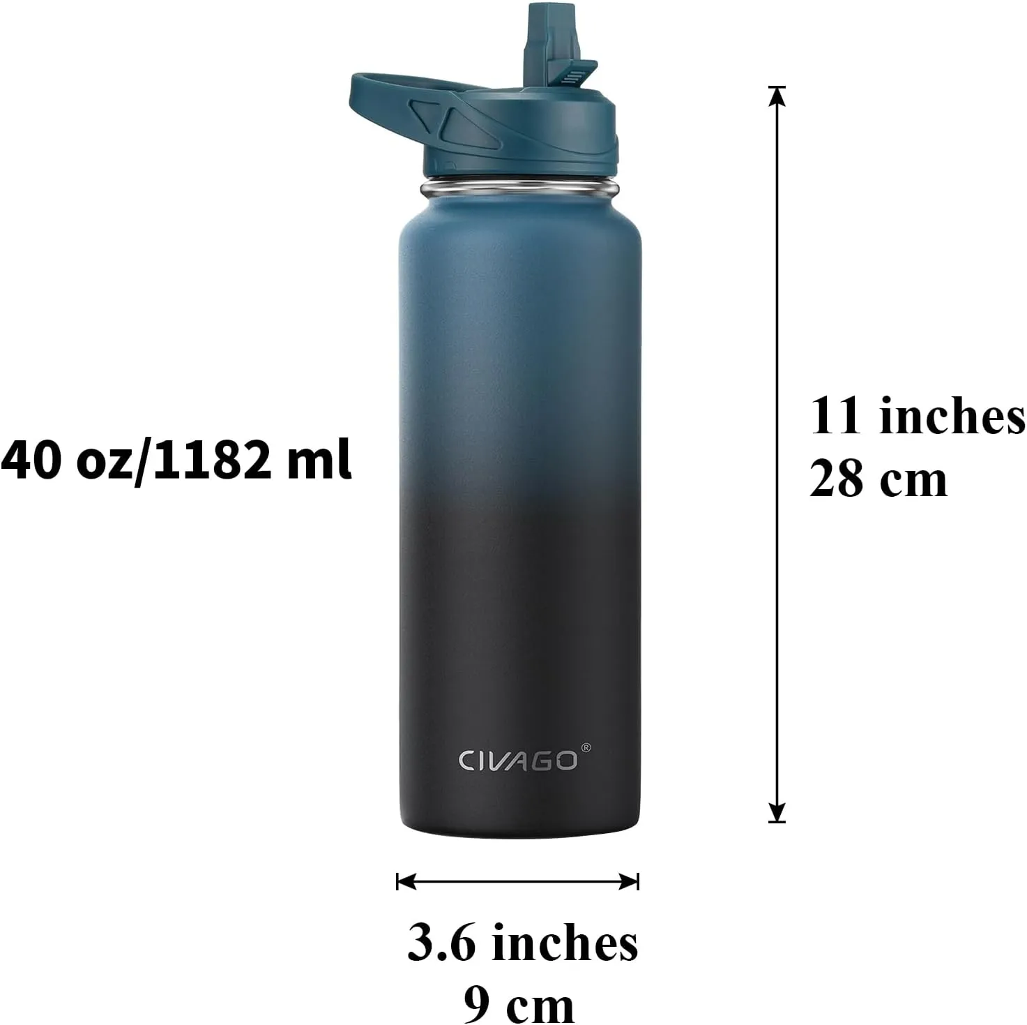 CIVAGO 40 oz Insulated Water Bottle With Straw, Stainless Steel Sports Water Cup Flask with 3 Lids (Straw, Spout and Handle Lid), Double Walled Travel Thermal Canteen Mug, Dark Night