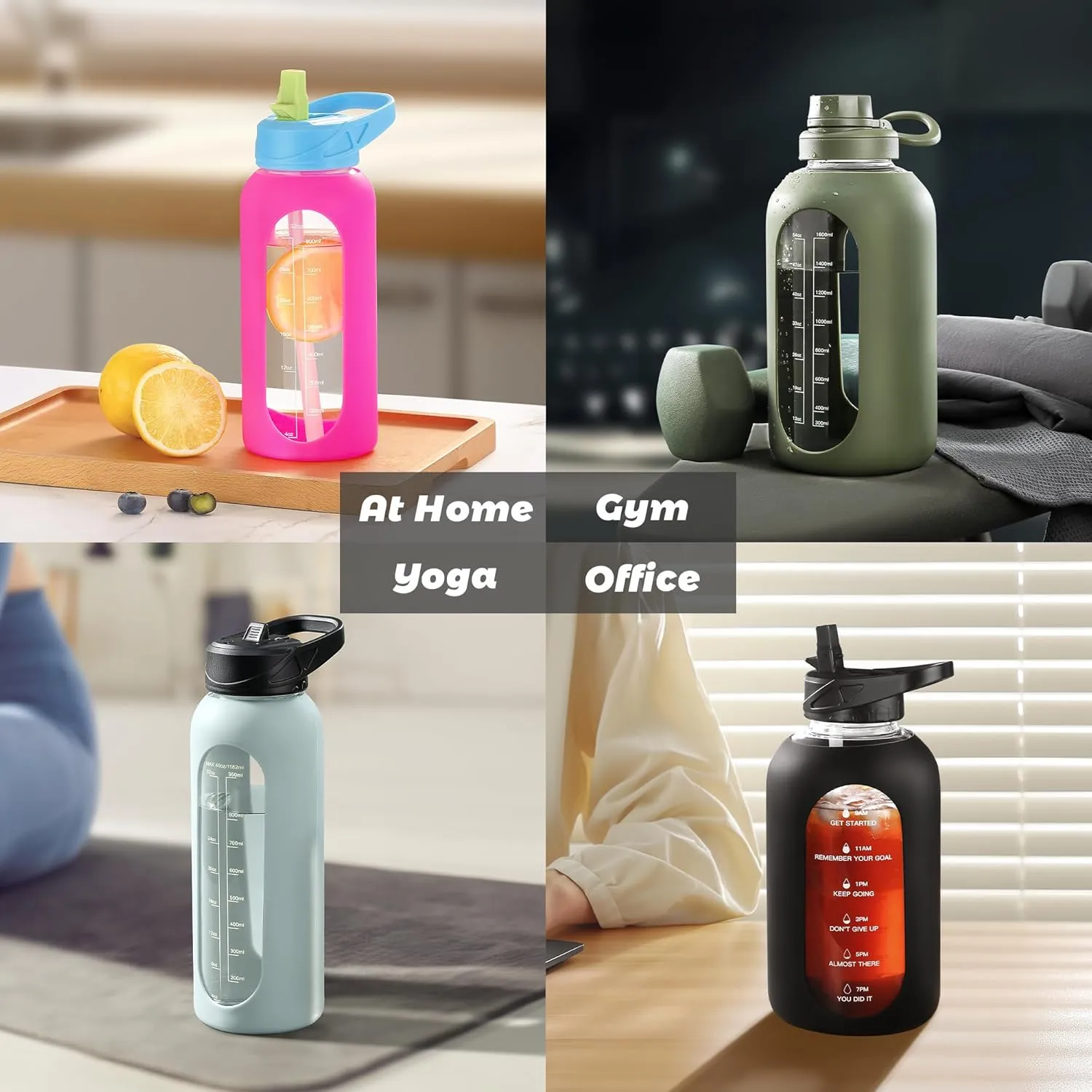 CIVAGO 64 oz Glass Water Bottle Jug with Straw and Handle, Half Gallon Sports Motivational Bottle with Time Marker and 2 Lids, Flask Canteen with Silicone Sleeve for Gym, Sage
