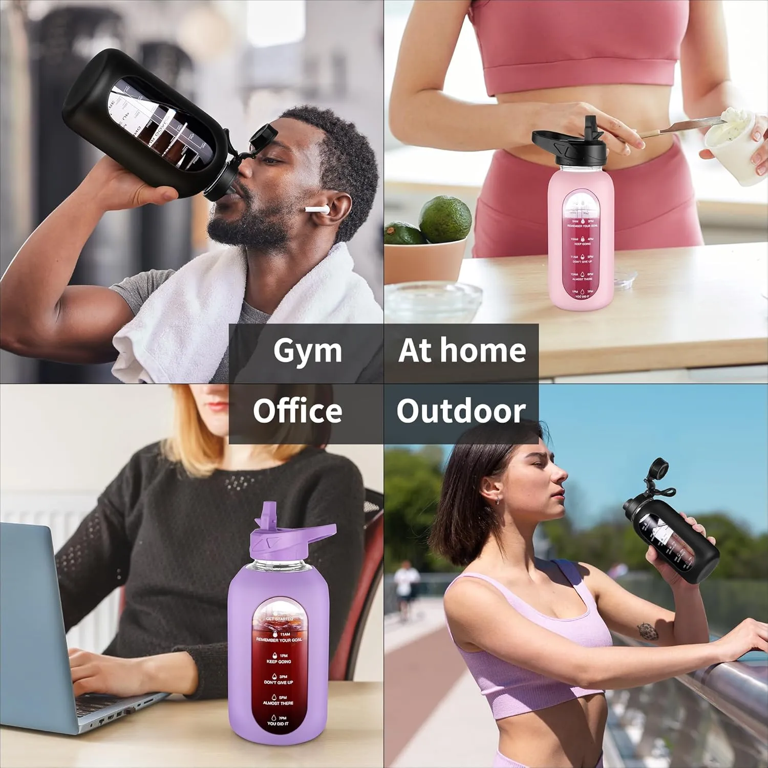 CIVAGO 64 oz Glass Water Bottle Jug with Straw and Handle, Half Gallon Sports Motivational Water Bottle with Time Marker, Wide Mouth Flask Canteen with Silicone Sleeve for Gym, Lavender