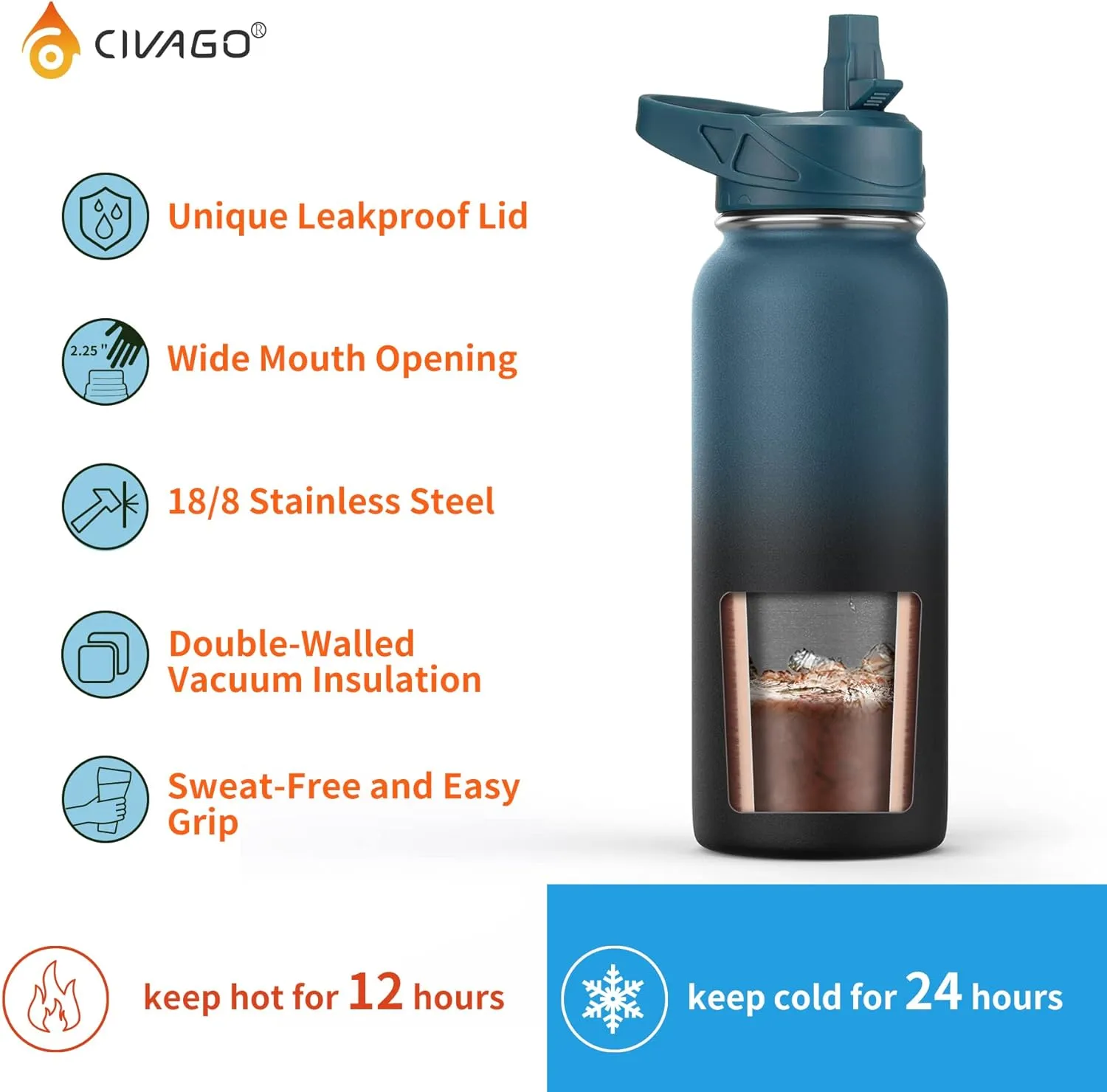 CIVAGO 64 oz Insulated Water Bottle With Straw, Half Gallon Stainless Steel Sports Water Flask Jug with 3 Lids (Straw, Spout and Handle Lid), Large Metal Thermal Cup Mug, Indigo Black