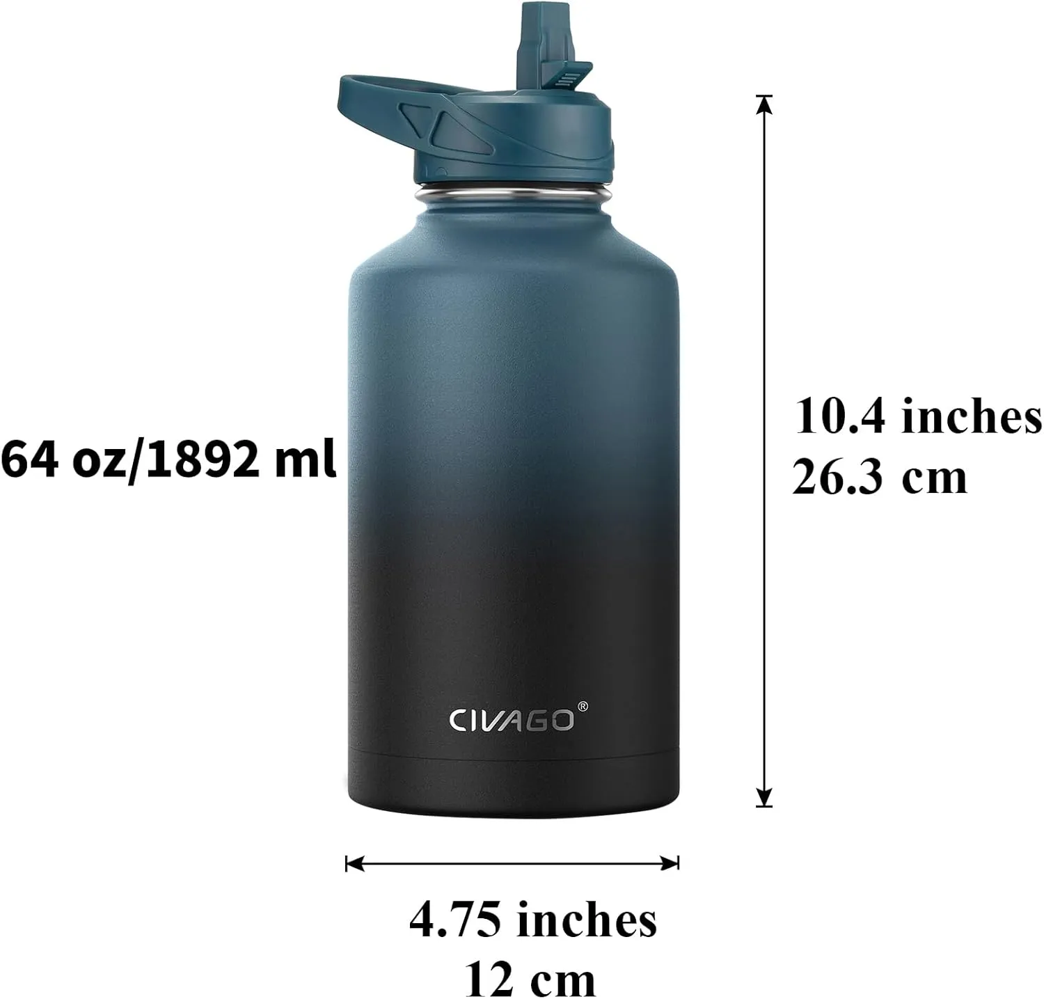CIVAGO 64 oz Insulated Water Bottle With Straw, Half Gallon Stainless Steel Sports Water Flask Jug with 3 Lids (Straw, Spout and Handle Lid), Large Metal Thermal Cup Mug, Indigo Black