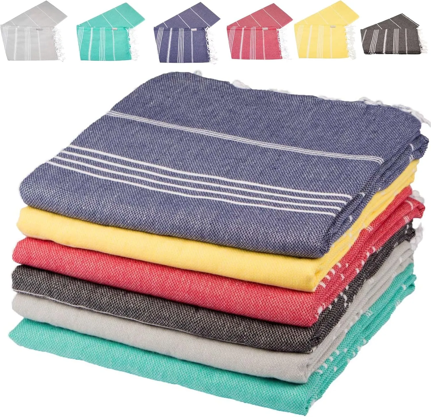 Clotho 6 Pack Turkish Beach Towel Set with Chair Bands – Oversized 39"x70" - 100% Cotton, Quick-Dry, Absorbent, Lightweight Bath and Pool Towels – Multicolor