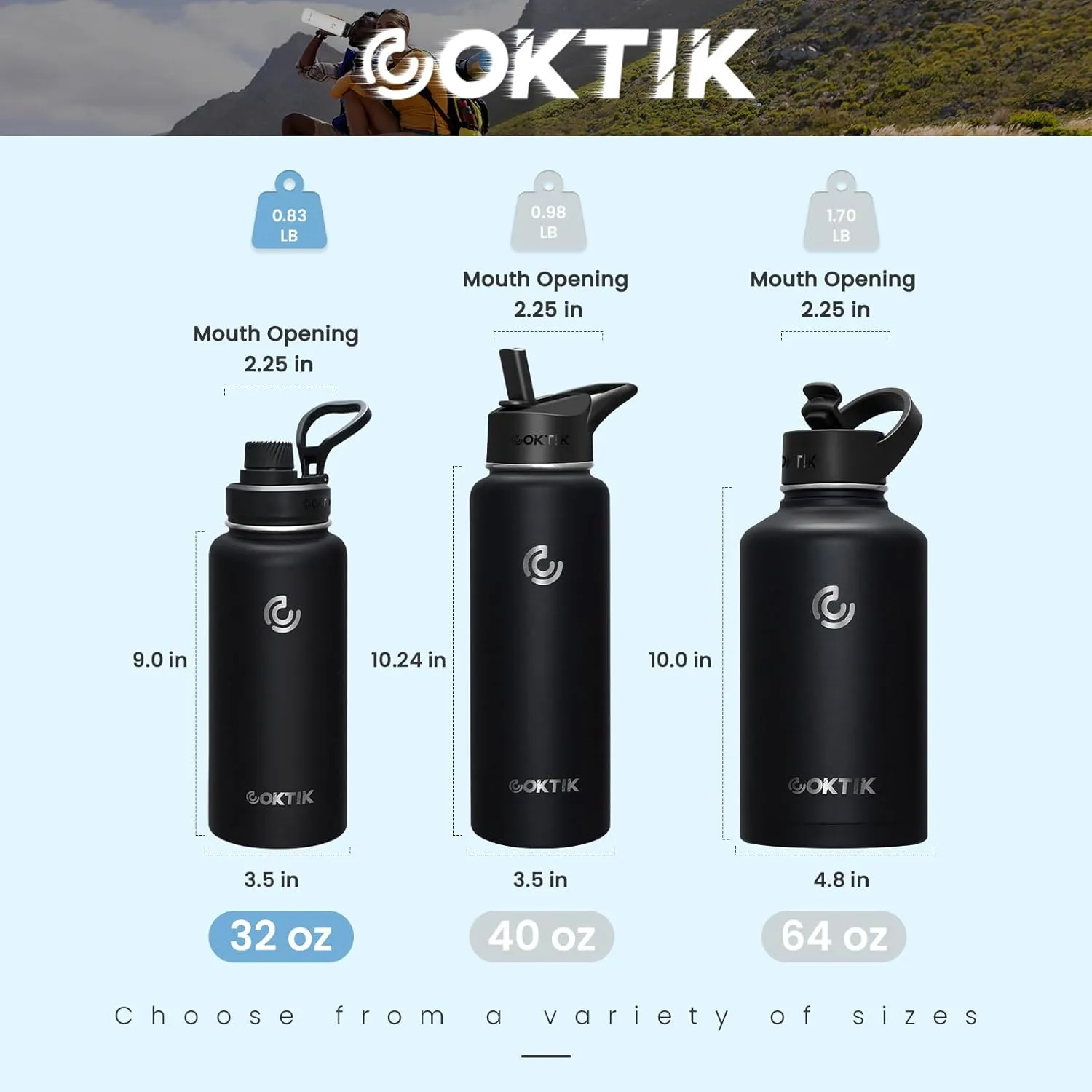 COKTIK 32 oz Sports Water Bottle With Straw,2 Lids, Stainless Steel Vacuum Insulated Water Bottles,Leakproof Lightweight, Keeps Cold and Hot, Great for Travel, Hiking, Biking, Running (Black)